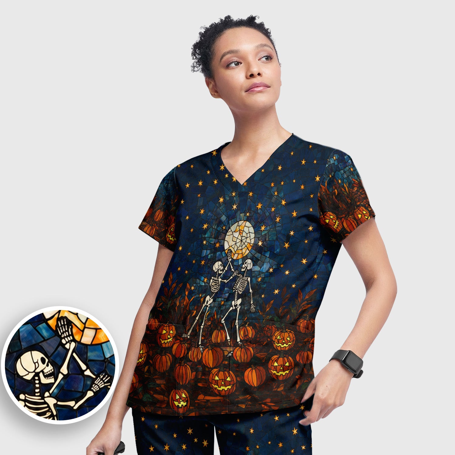 Halloween Skeleton Pumpkin Patch Scrub Set, Scrub Pants and V Neck Top