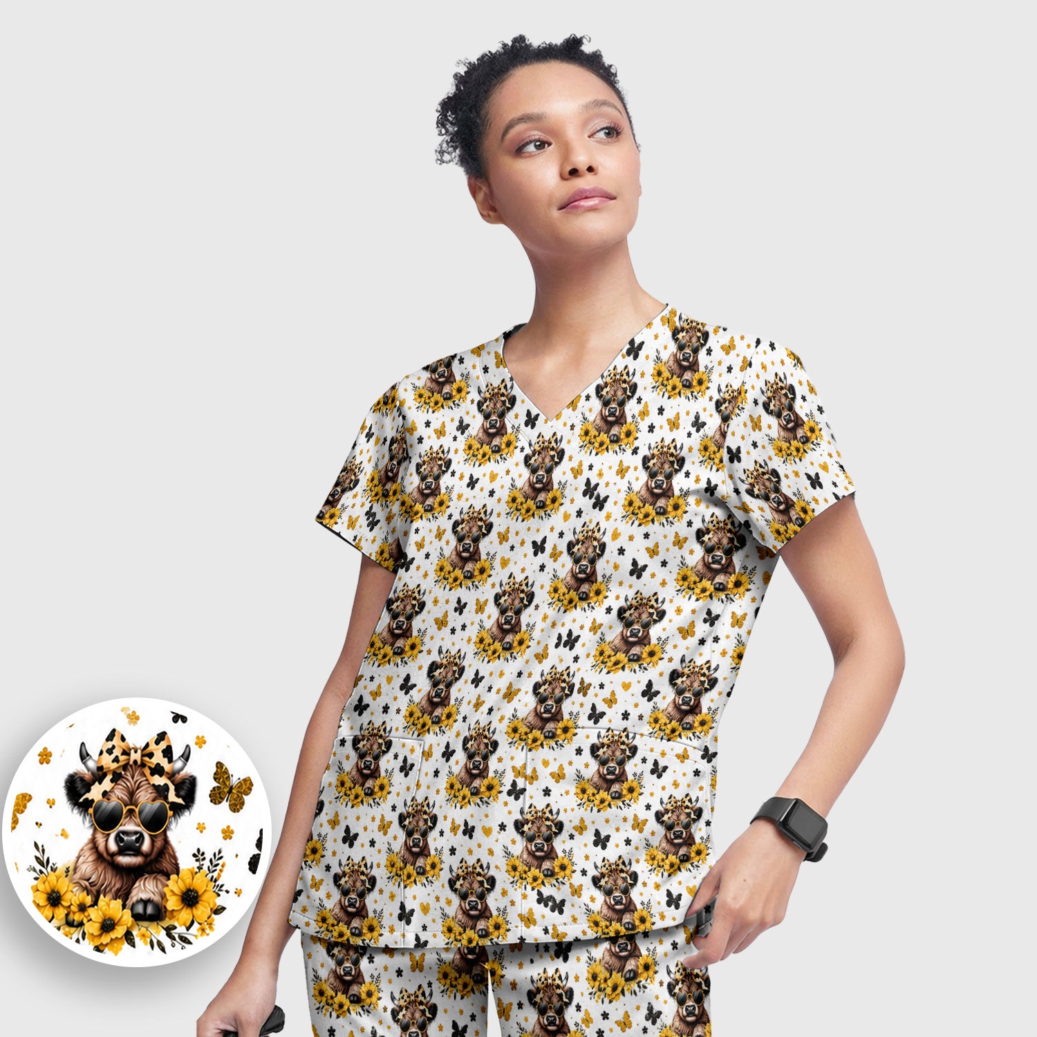 Cow With Sunflower Bow Pattern Scrub Set, Scrub Pants and V Neck Top
