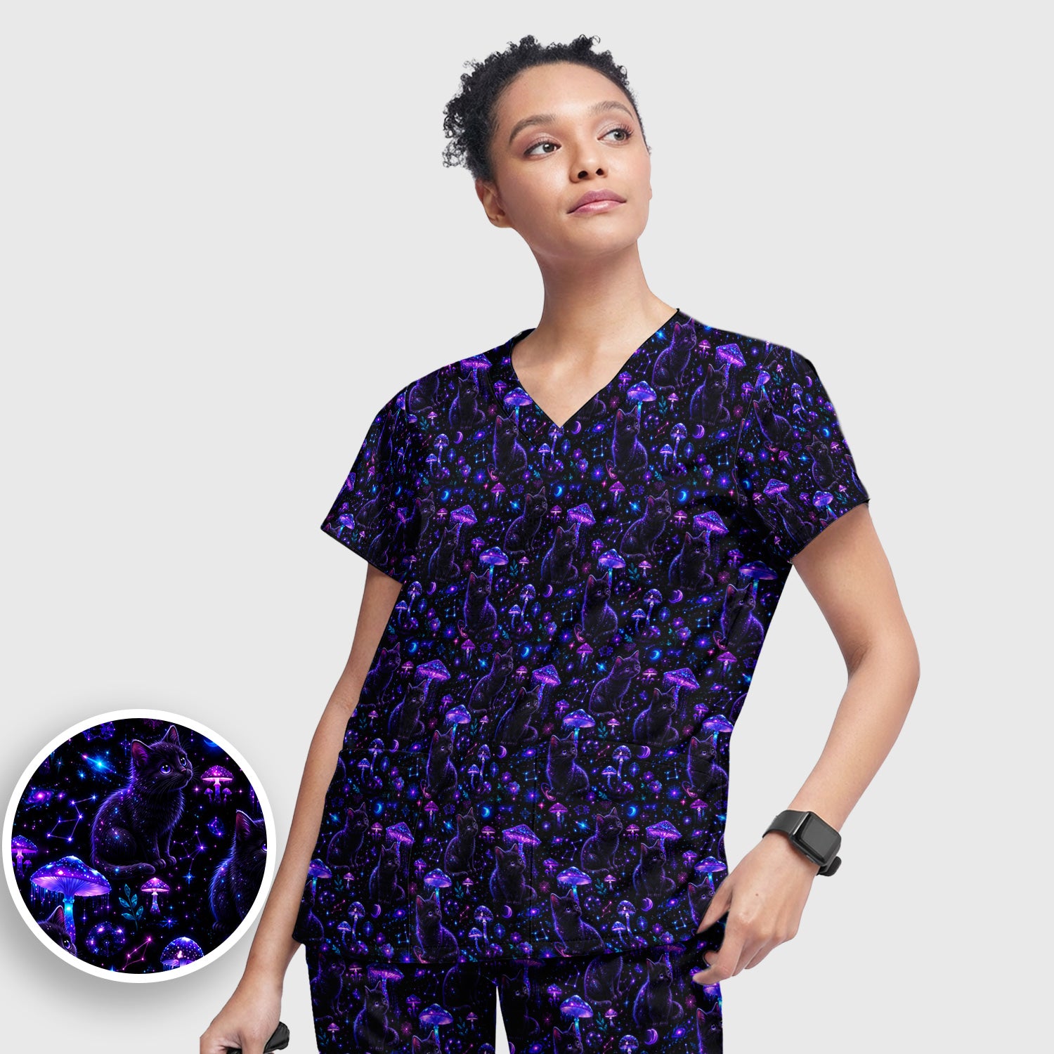 Mystical Black Cat Neon Mushroom Print Scrub Set, Scrub Pants and V Neck Top