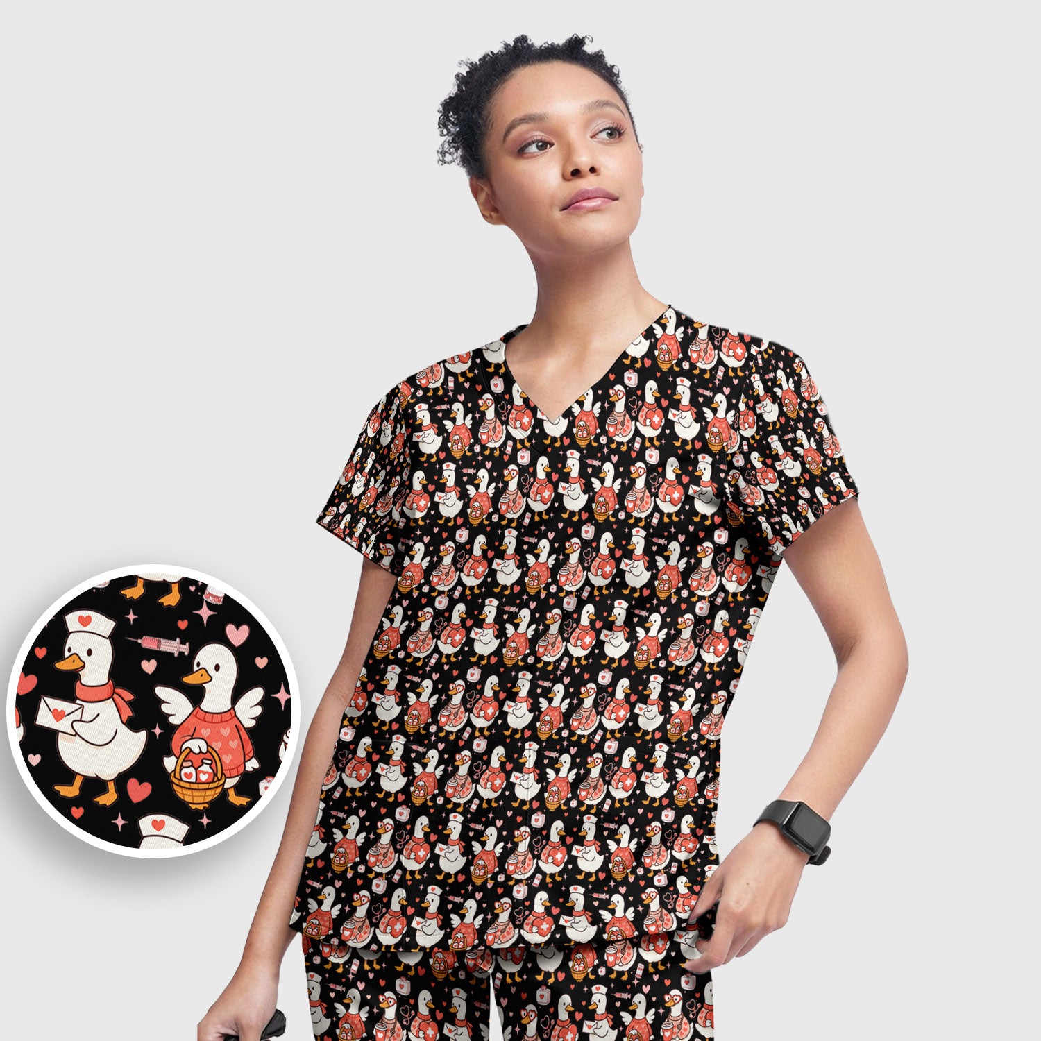 Valentine Goose Nurse Scrub Set, Heart Medical Pattern Nurse Shirt, Breathable Fabrics Nursing Uniform