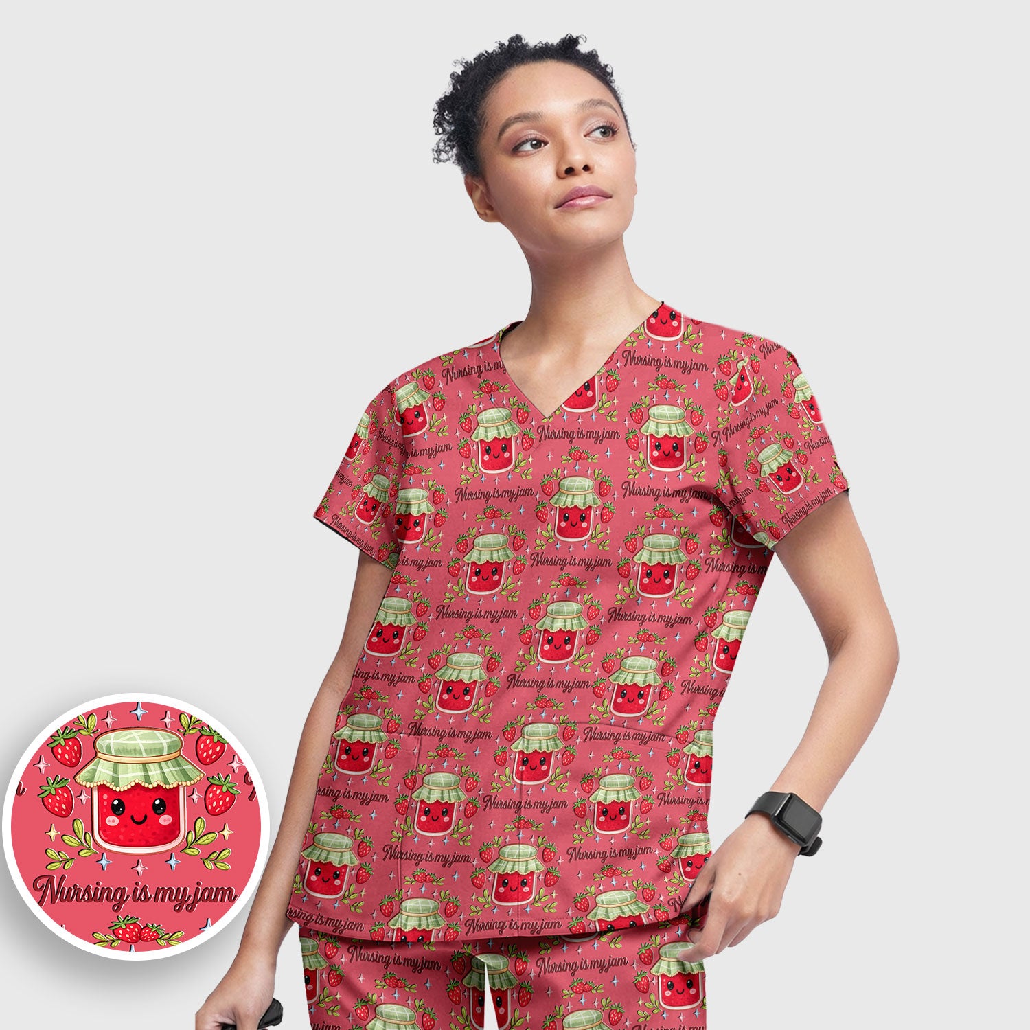 Cute Strawberry Jam Nurse Pattern Scrub Set, Breathable Med Uniform
