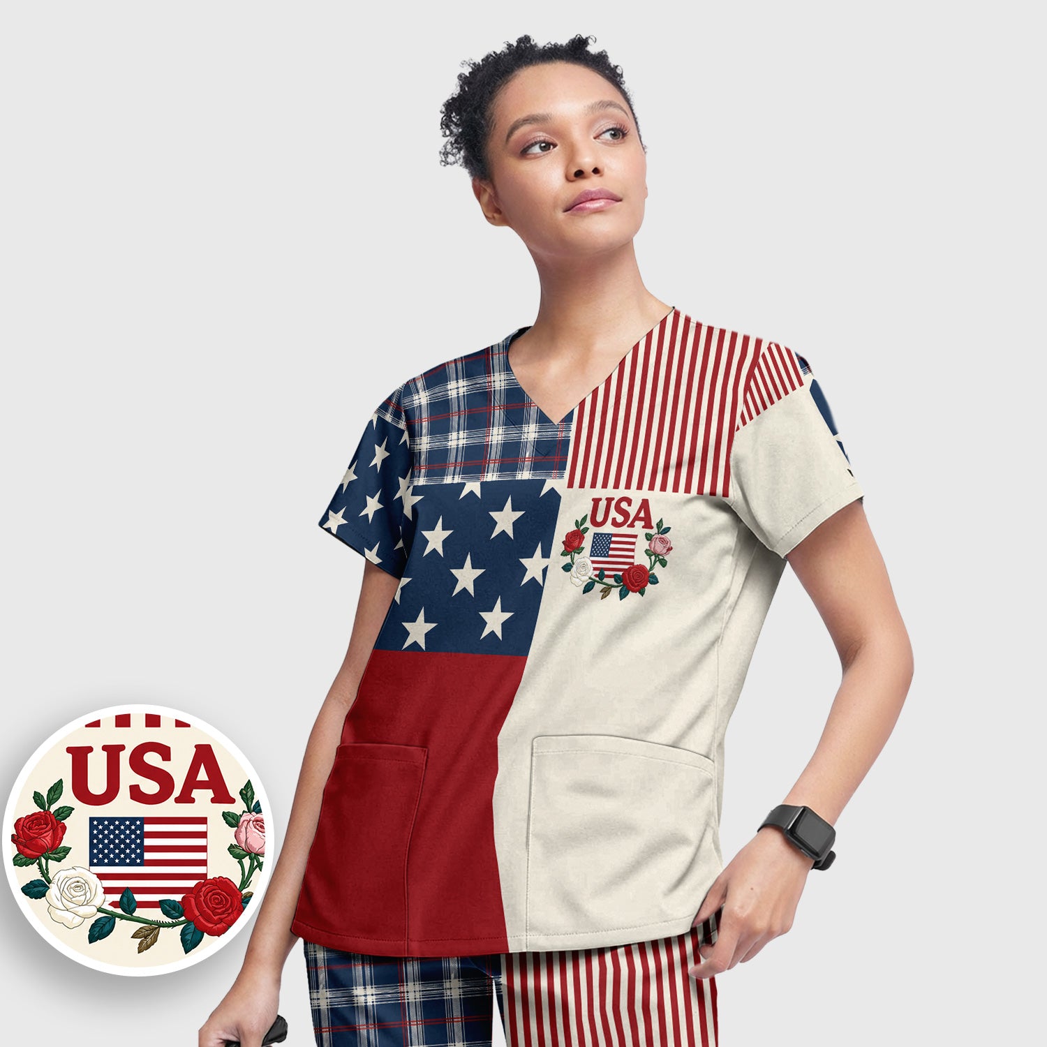 USA Flag Rose Patchwork Pattern Scrub Set, Scrub Pants and V Neck Top