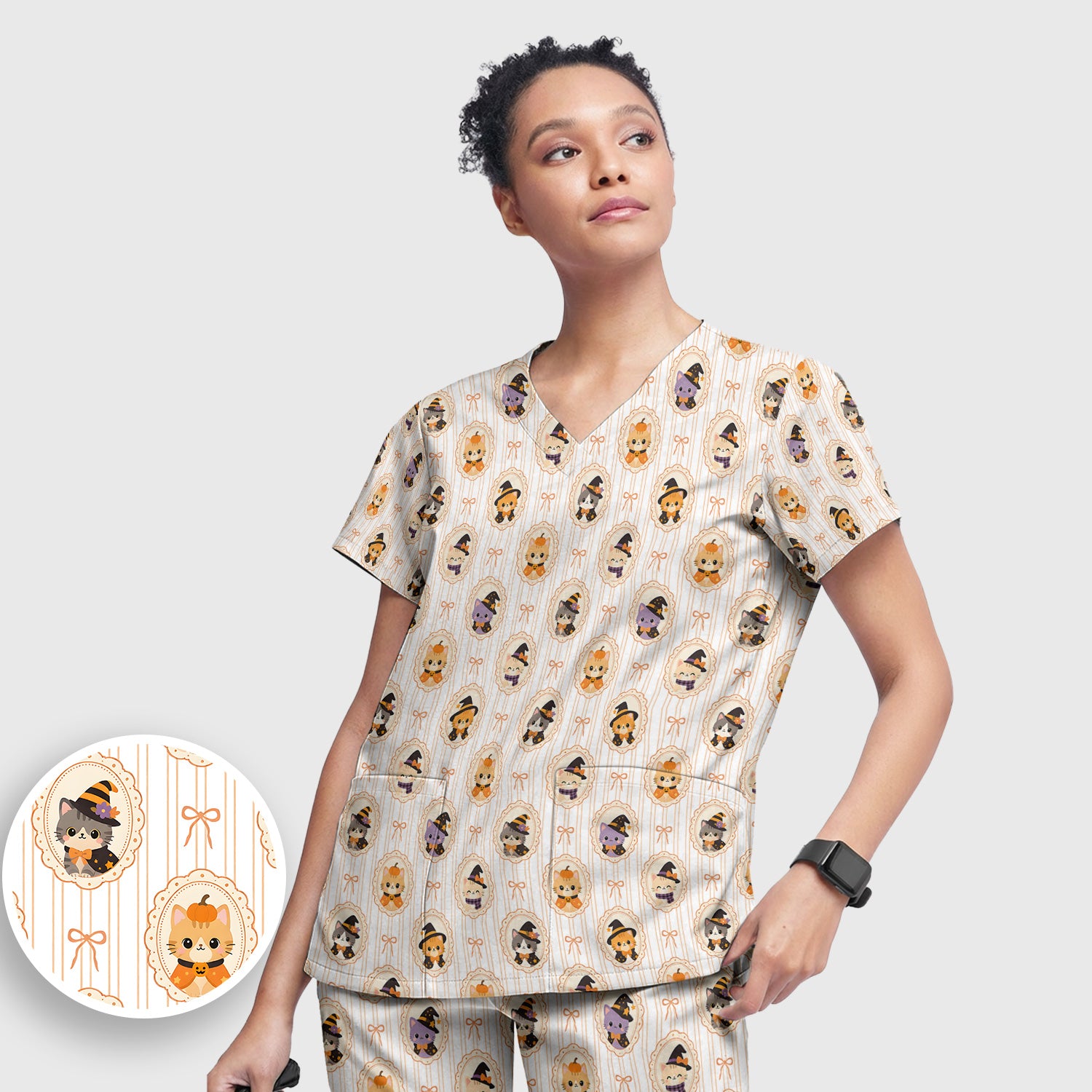 Cute Halloween Cat Stripe Pattern Scrub Set, Scrub Pants and V Neck Top
