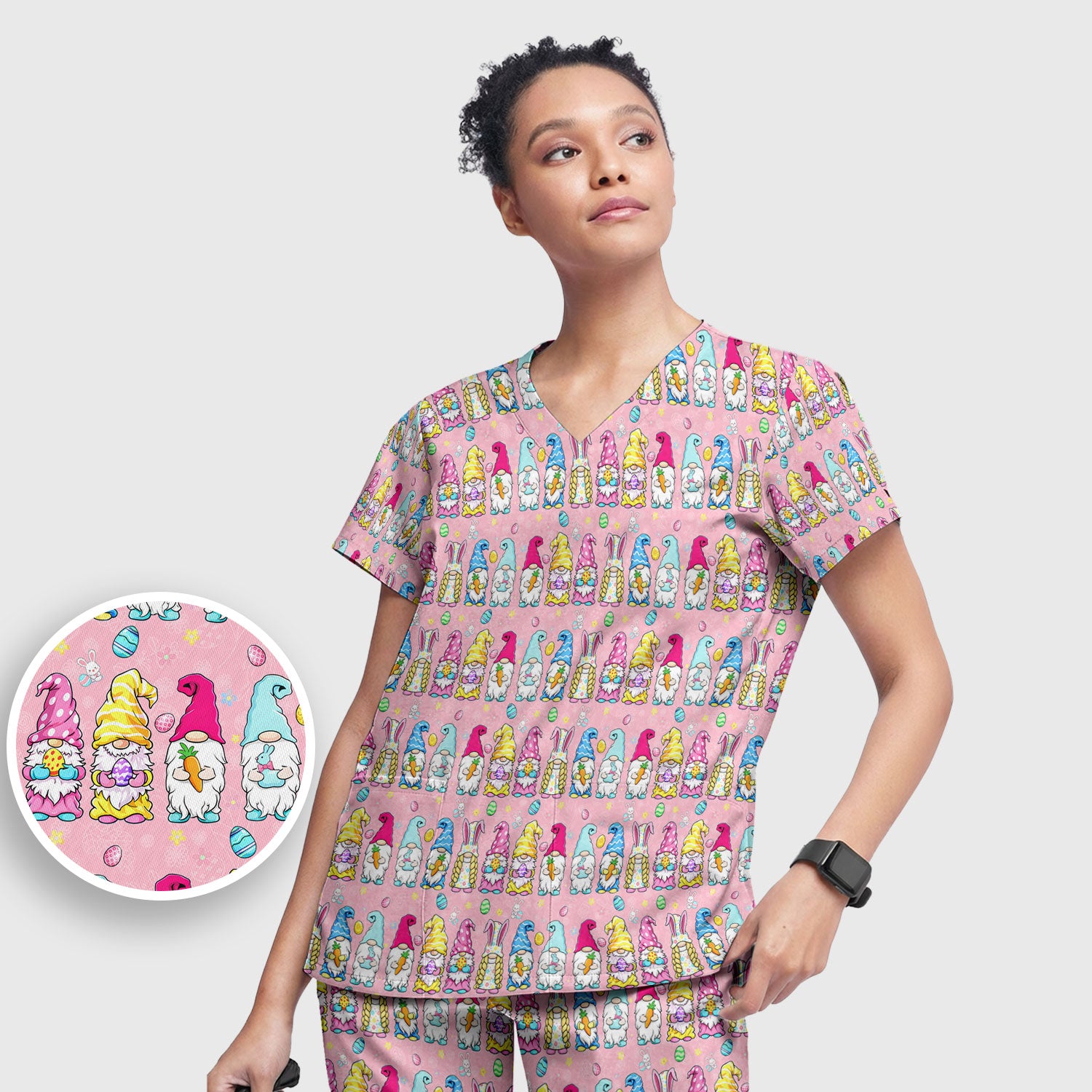 Colorful Easter Gnome Bunny Eggs Pattern Scrub Set, Women's Scrub Sets