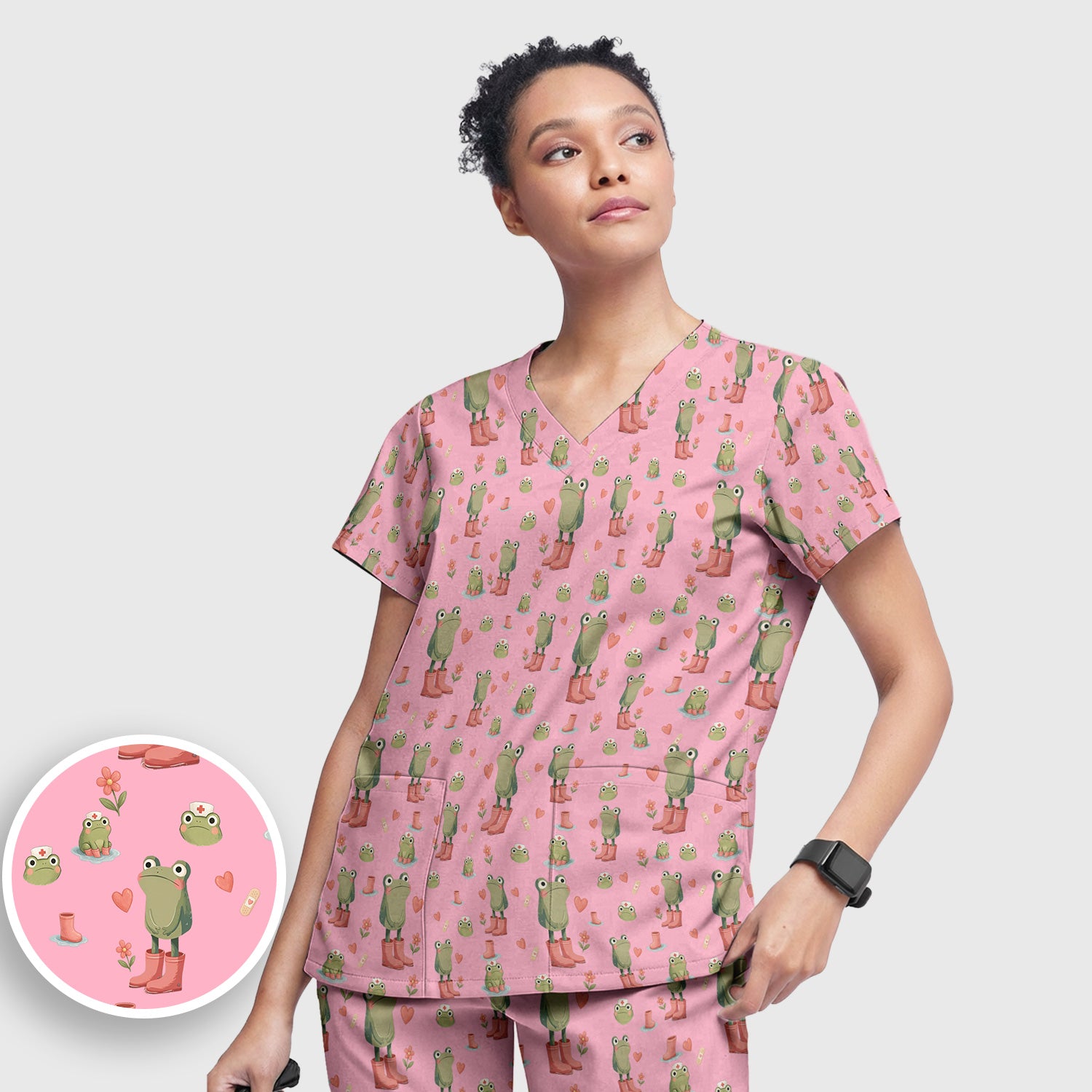 Adorable Frog Boots Heart Pattern Scrub Set, Nurse Uniform Scrubs Set