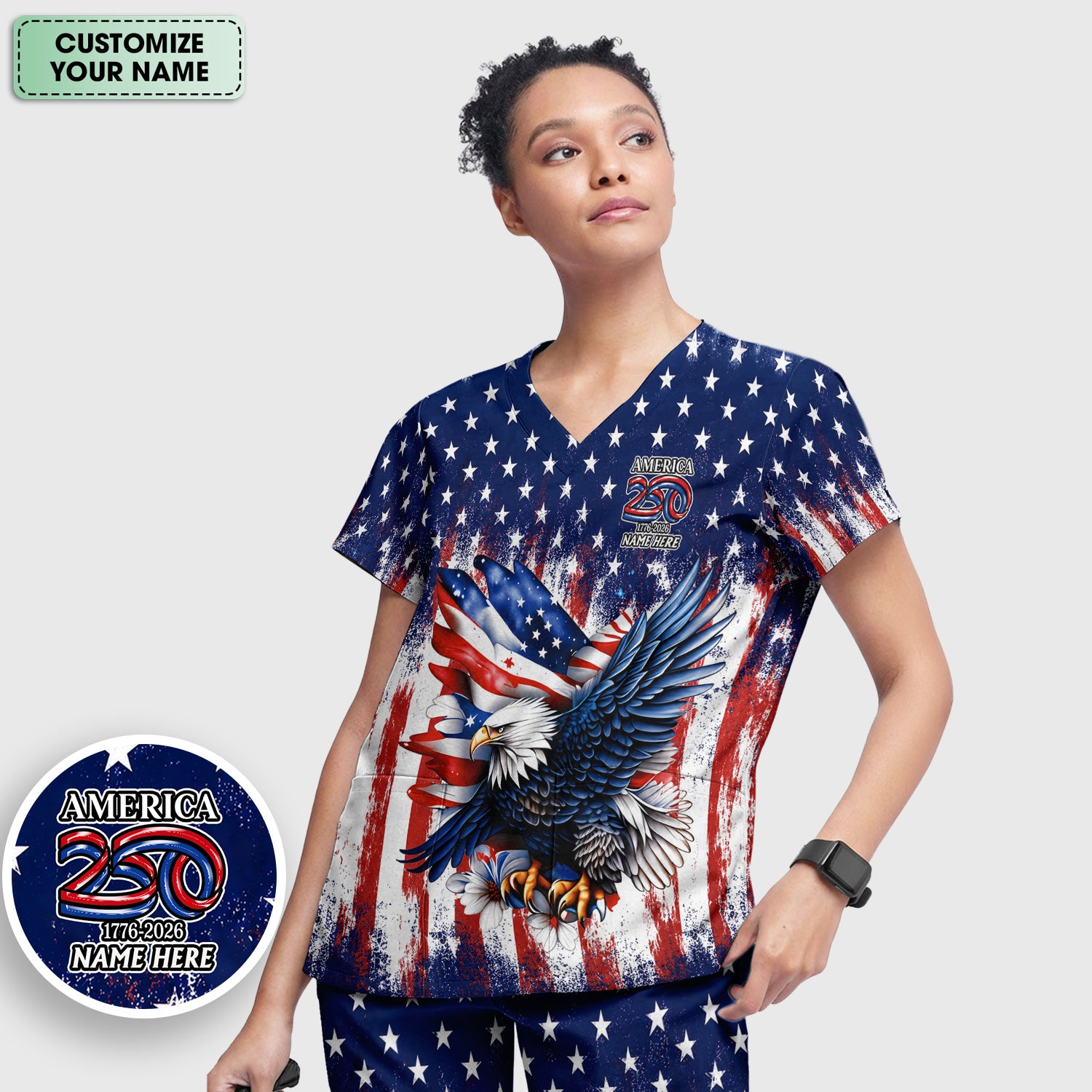 Personalized Patriotic Eagle Flag Pattern Scrub Set, Scrub Pants and V Neck Top