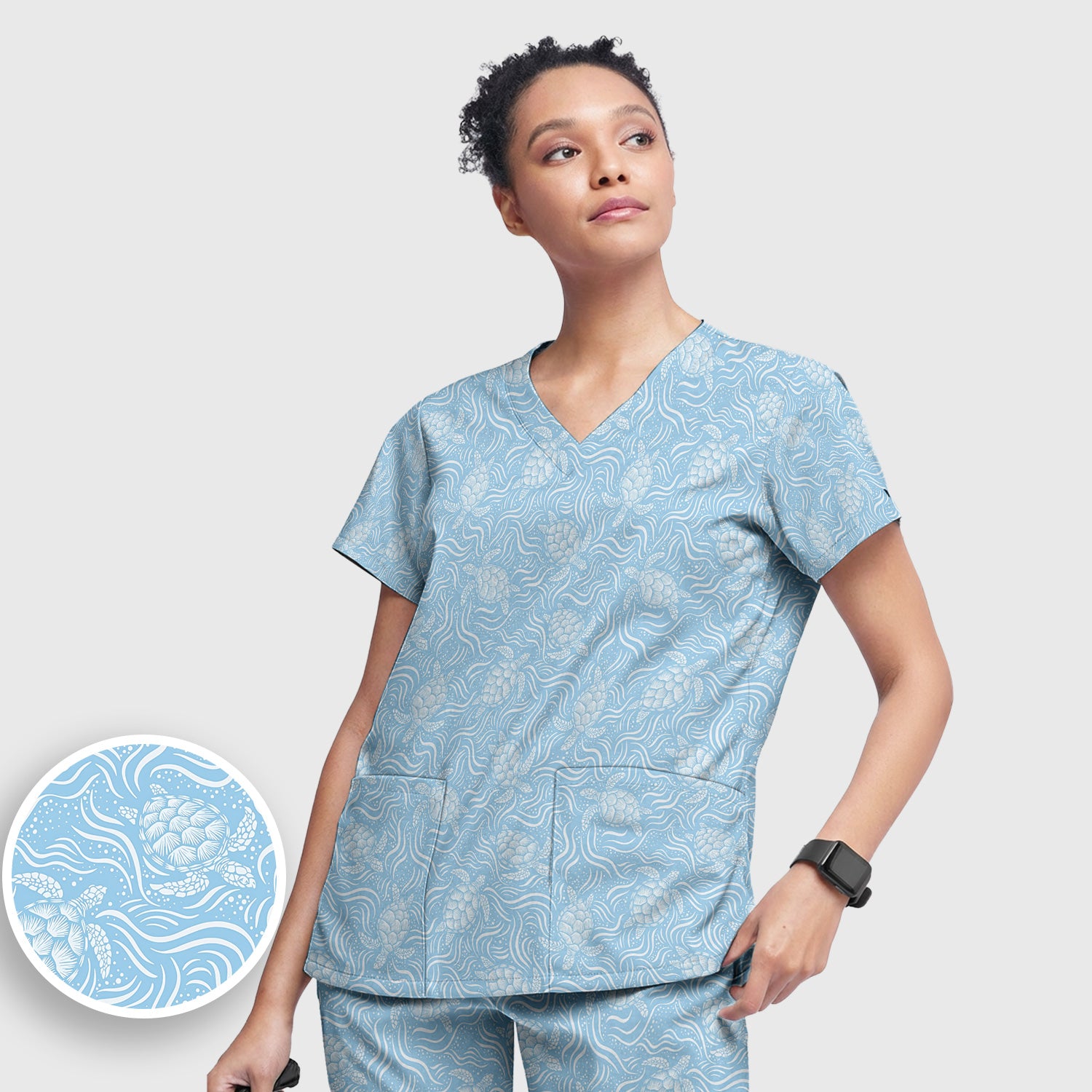 Cute Ocean Sea Turtle Waves Pattern Scrub Set, Scrub Pants and V Neck Top