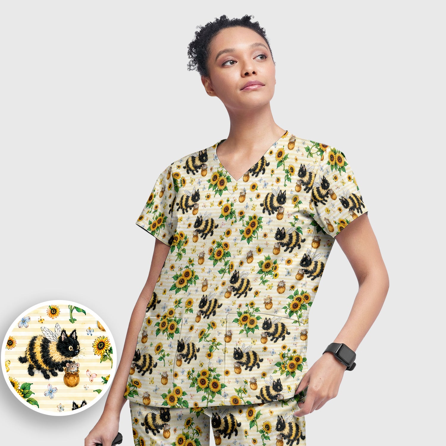 Cute Bumblebee Cat Sunflower Pattern Scrub Set, Scrub Pants and V Neck Top