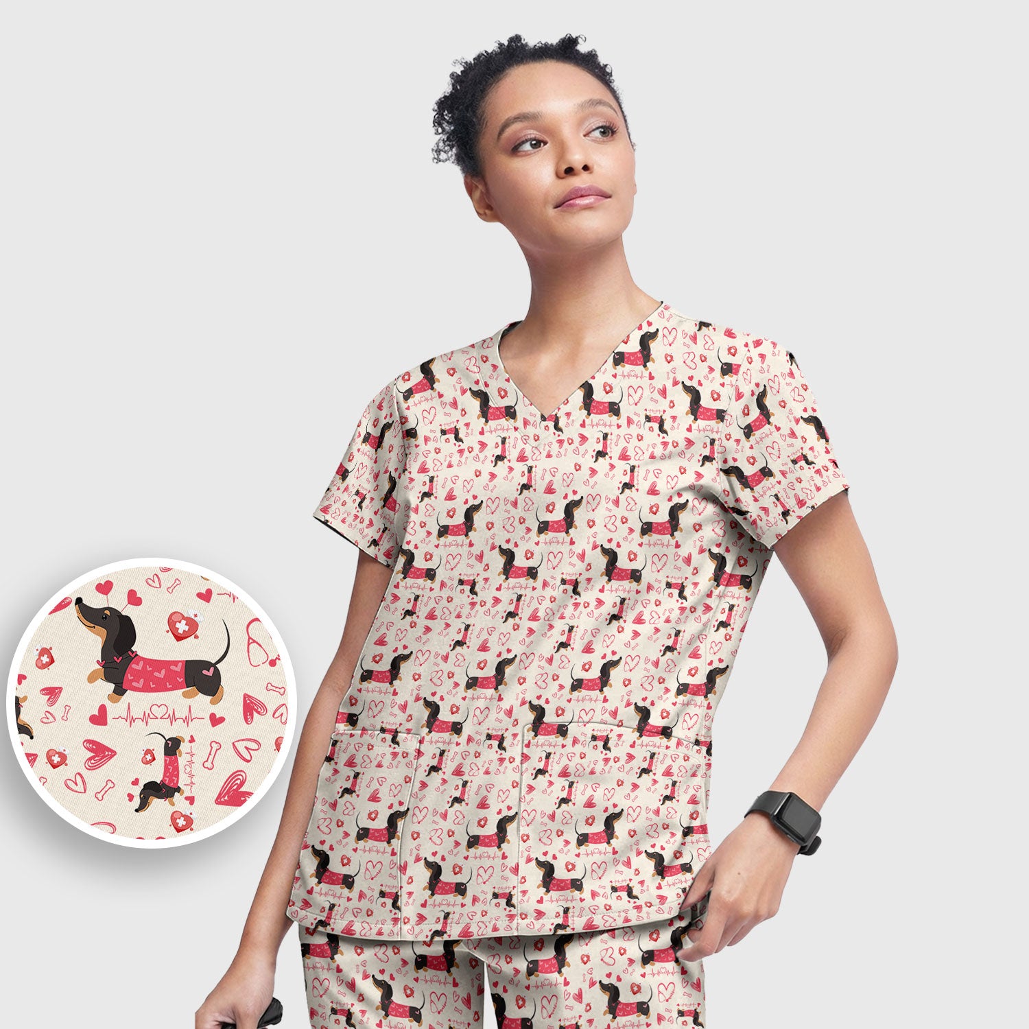 Dachshund Valentine Scrub Set, Cute Wiener Dog Heart Pattern Nurse Shirt, Breathable Fabrics Nursing Uniform