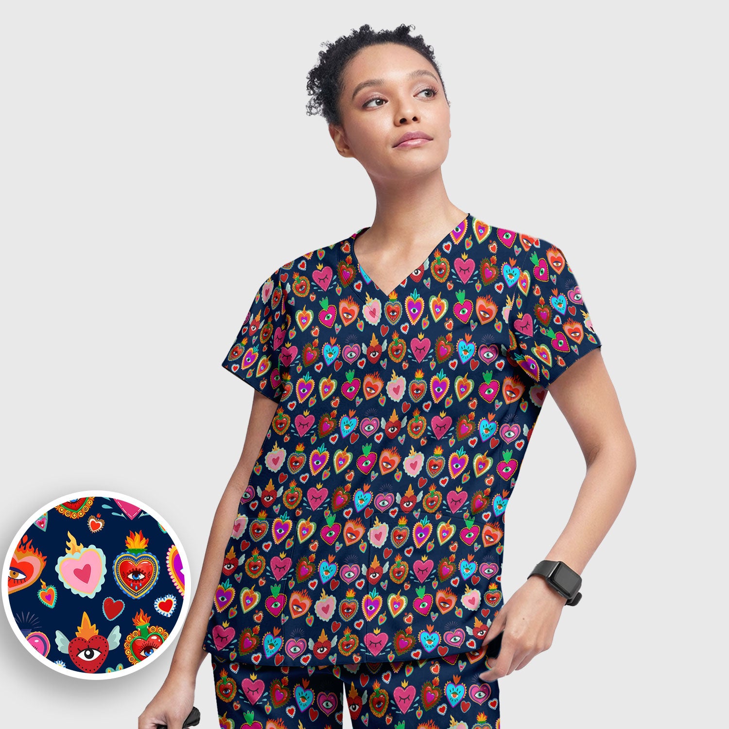 Valentine Colorful Sacred Heart Print Women's Scrub Set, Scrub Pants and V Neck Top