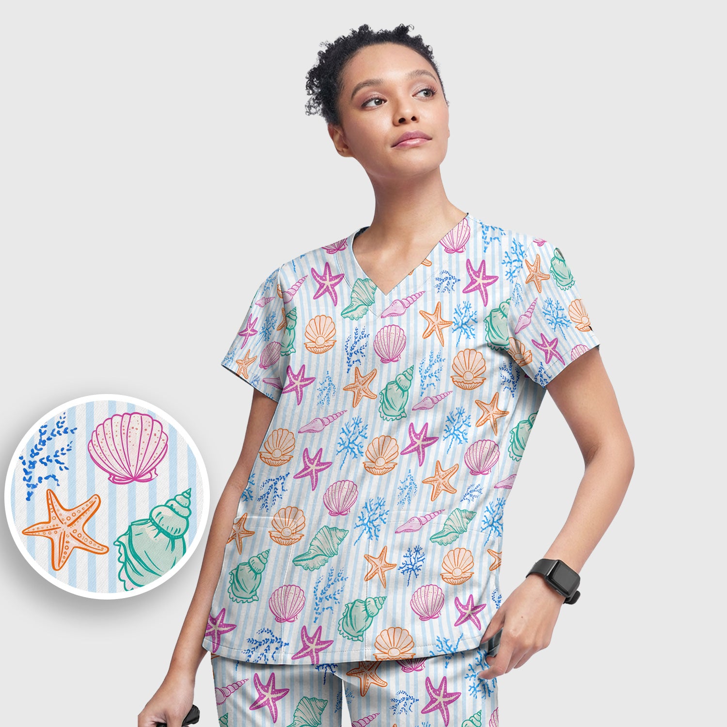 Colorful Seashell Starfish Ocean Stripe Pattern Scrub Set, Women's Scrub Sets