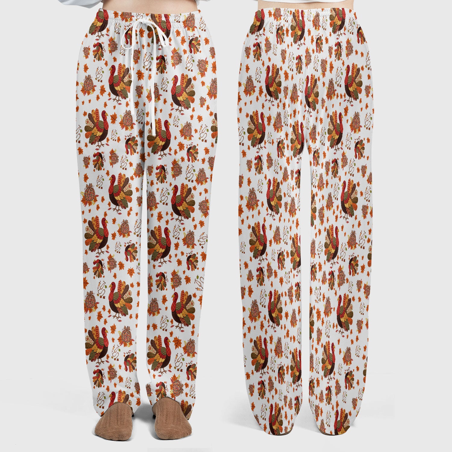 Thanksgiving Turkey Nurse Scrub Sets for Women - Fall Leaves Scrub Pants and V Neck Top - Autumn Nursing Uniform