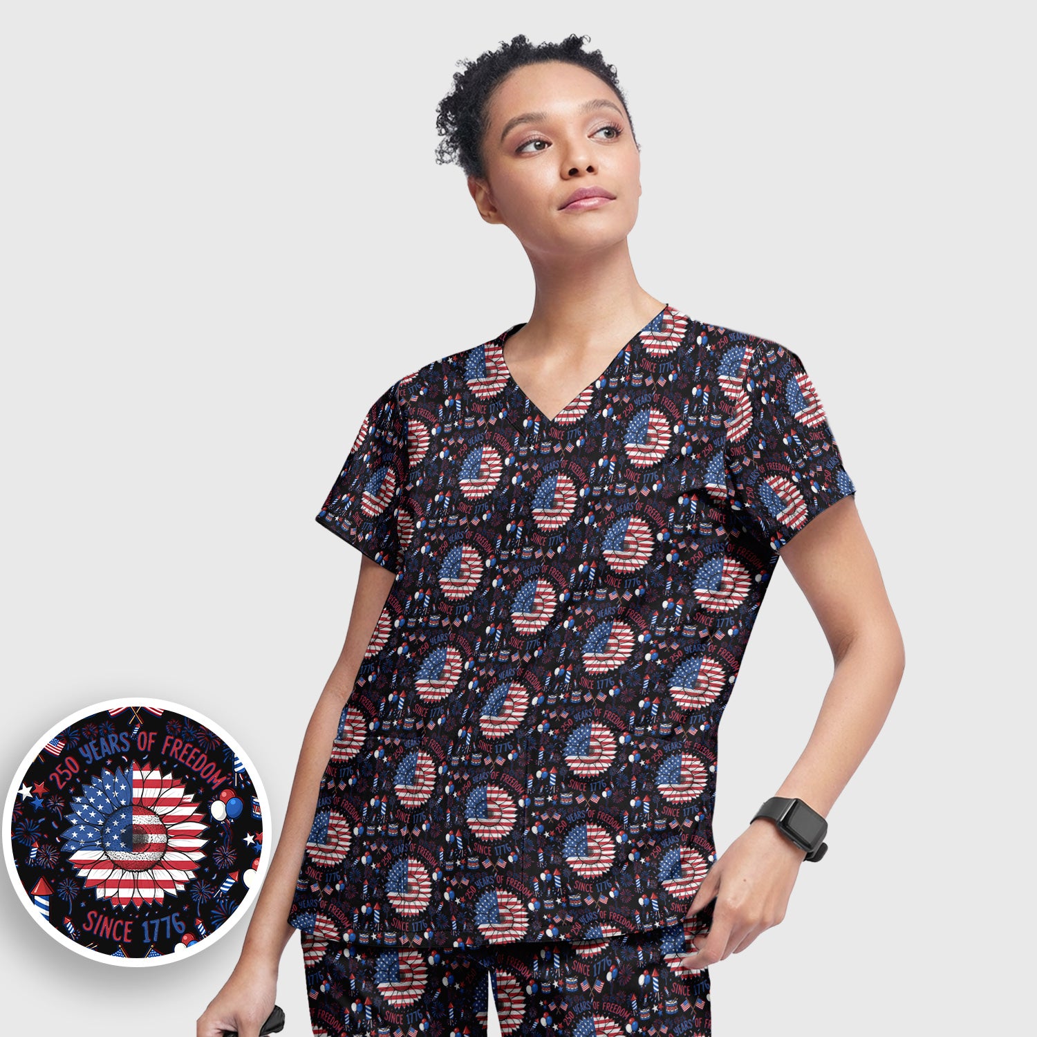 Festive Patriotic Sunflower American Flag Fireworks Pattern Scrub Set, Breathable Med Uniform