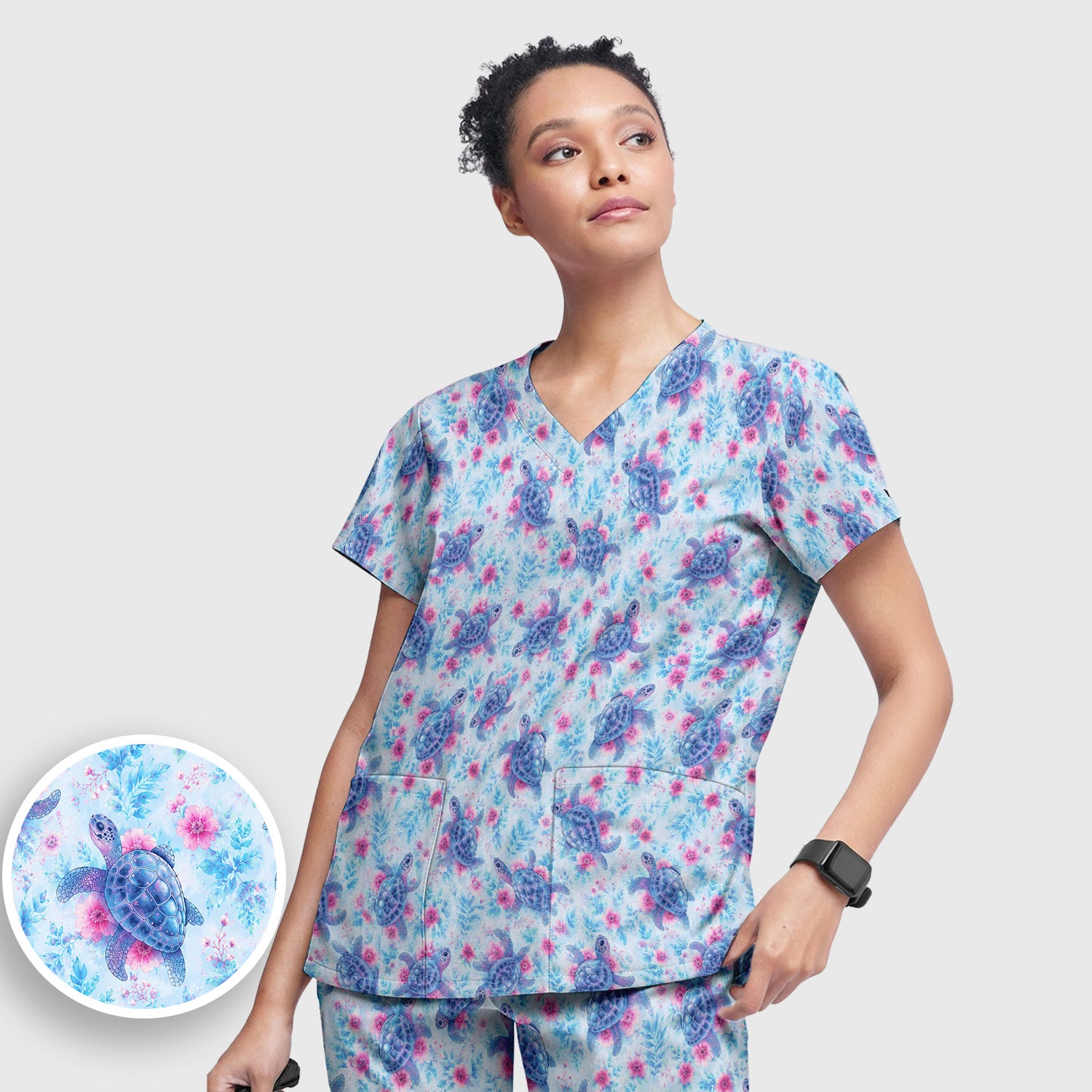 Cute Sea Turtle Floral Print Scrub Set, Scrub Pants and V Neck Top