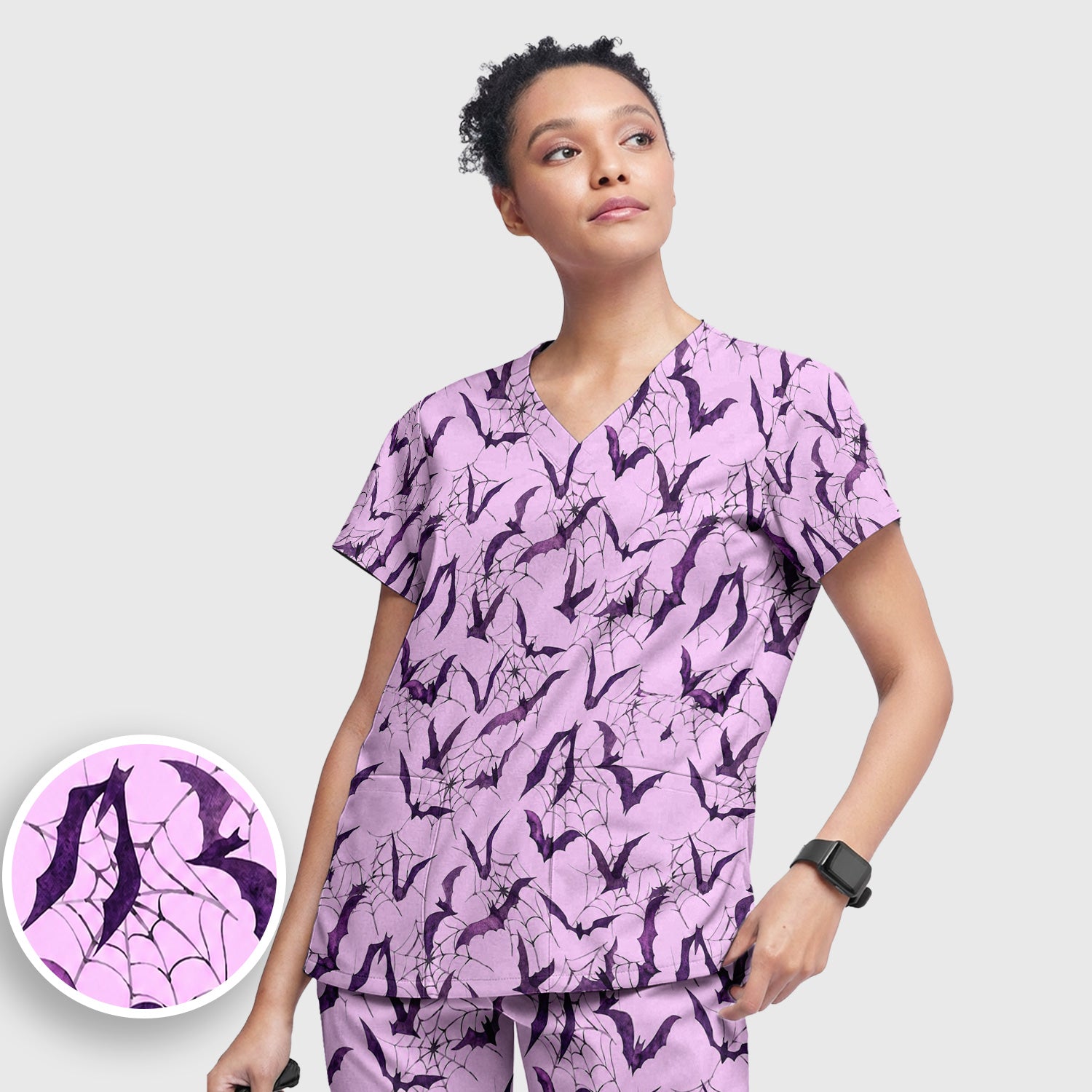 Halloween Bat with Spider Web Scrub Set, Scrub Pants and V Neck Top