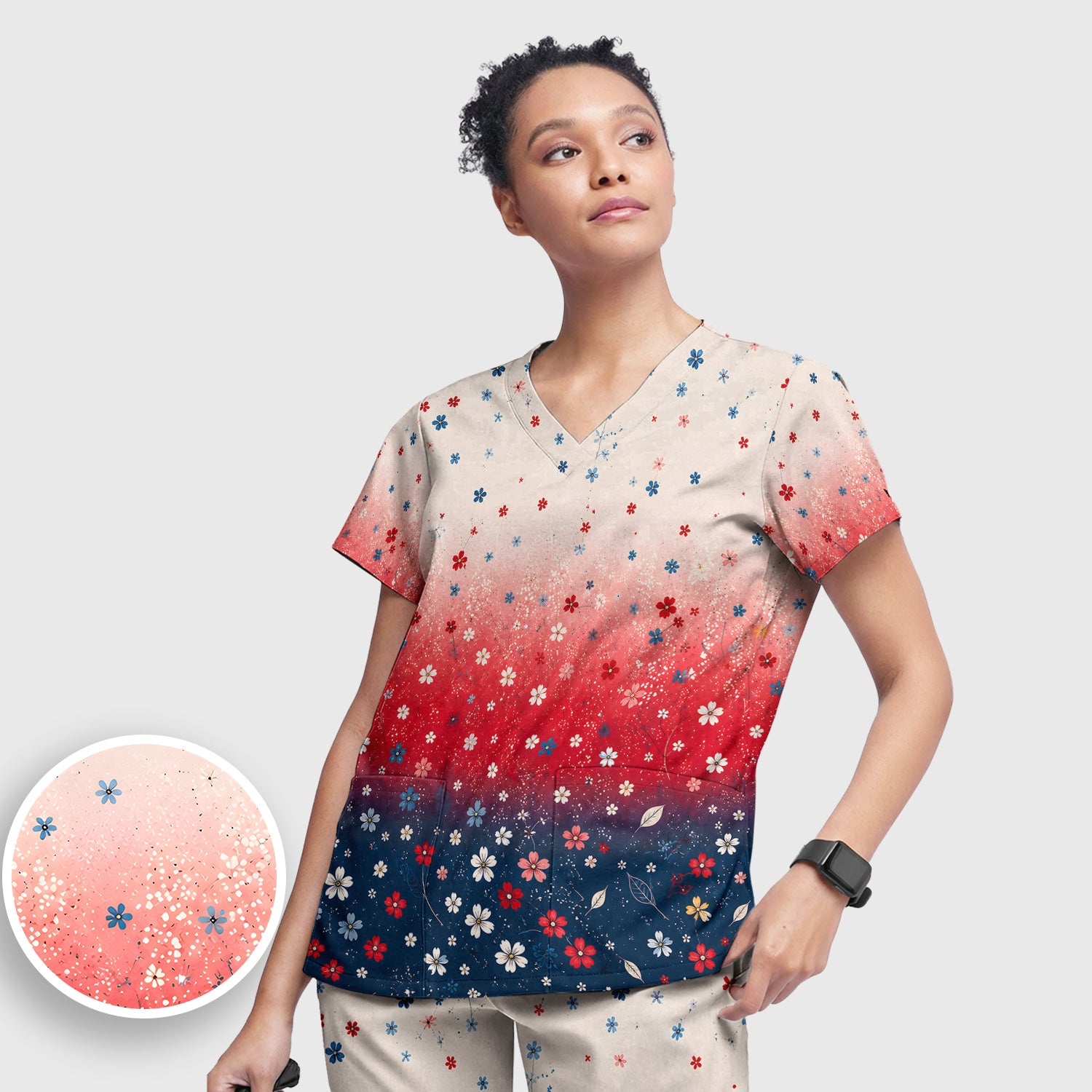 Patriotic Red White Blue Floral Ombre Print Scrub Set, Scrub Pants and V Neck Top