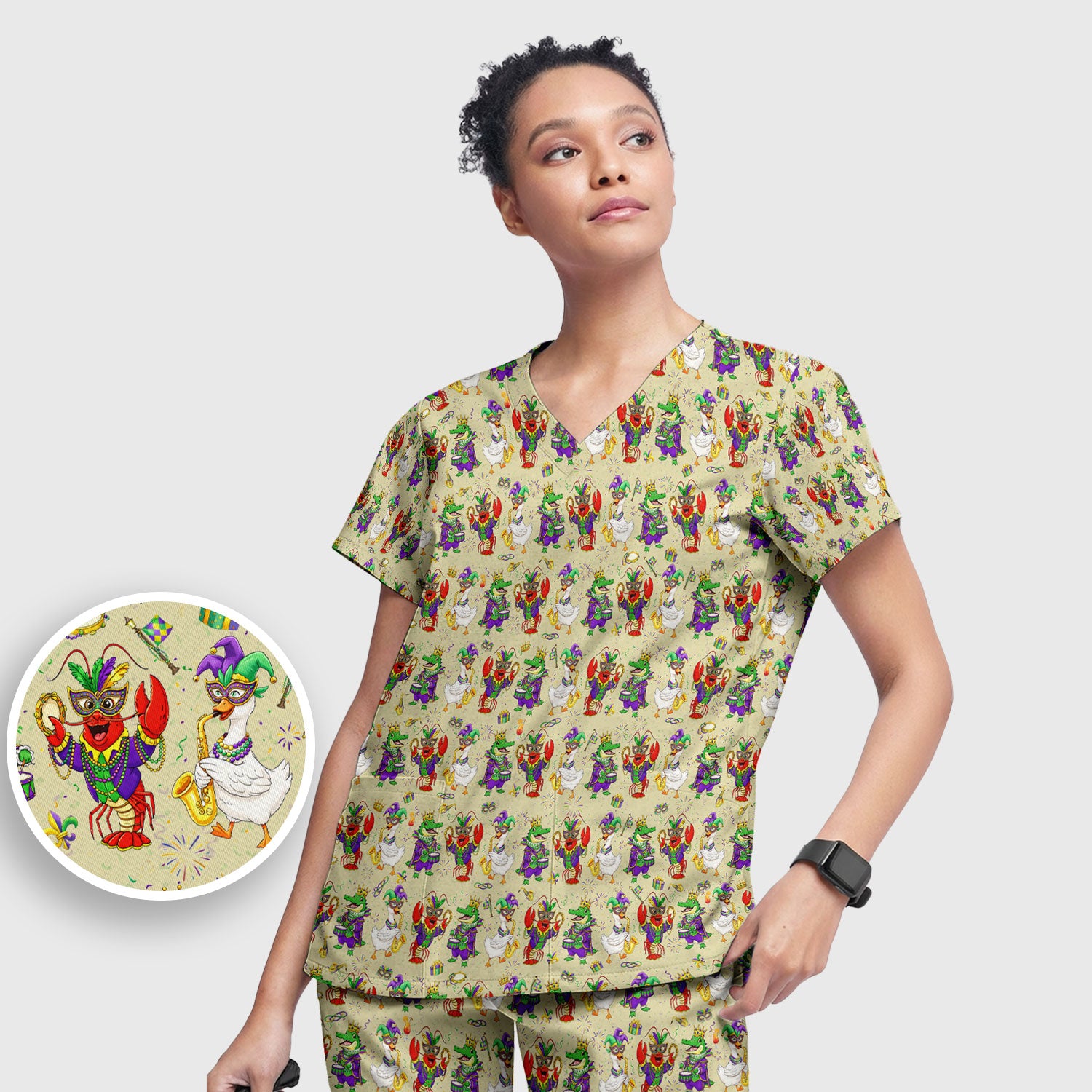 Crawfish And Duck Carnival Scrub Set, Mardi Gras Parade Pattern Nurse Shirt, Breathable Fabrics Nursing Uniform