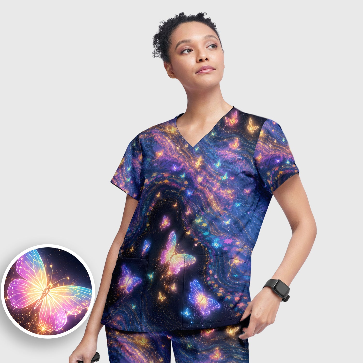Neon Butterfly Galaxy Marble Print Scrub Set, Scrub Pants and V Neck Top