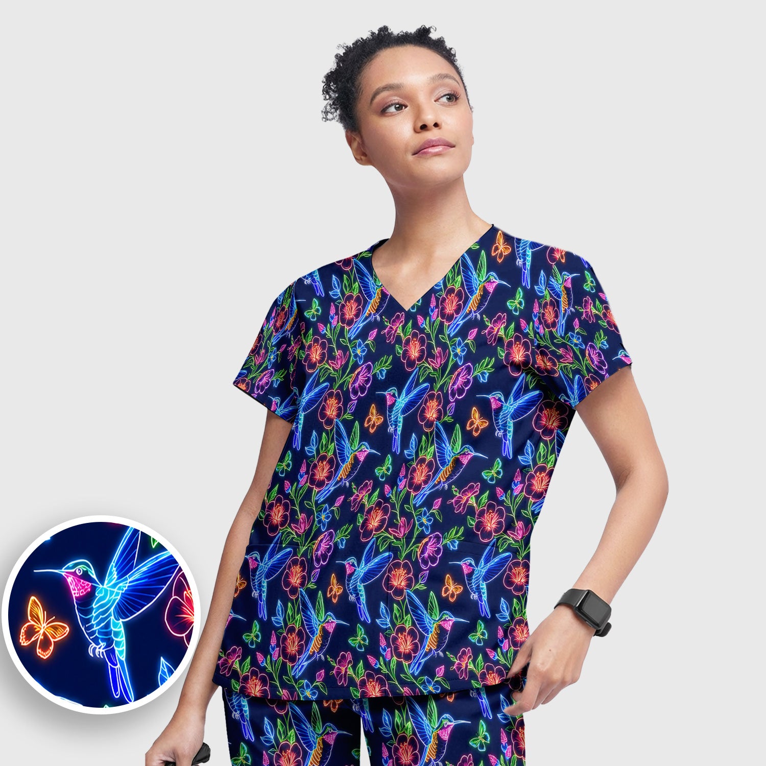 Neon Hummingbird Floral Garden Pattern Scrub Set, Scrub Pants and V Neck Top