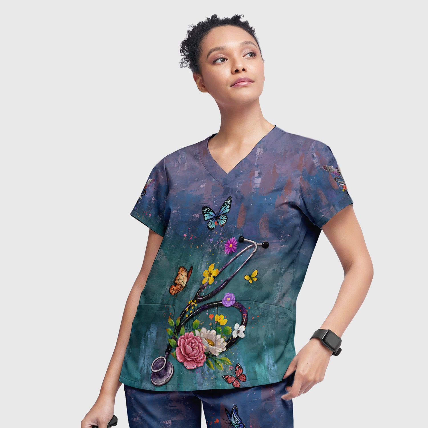 Floral Stethoscope Nurse Pattern Scrub Set, Scrub Pants and V Neck Top
