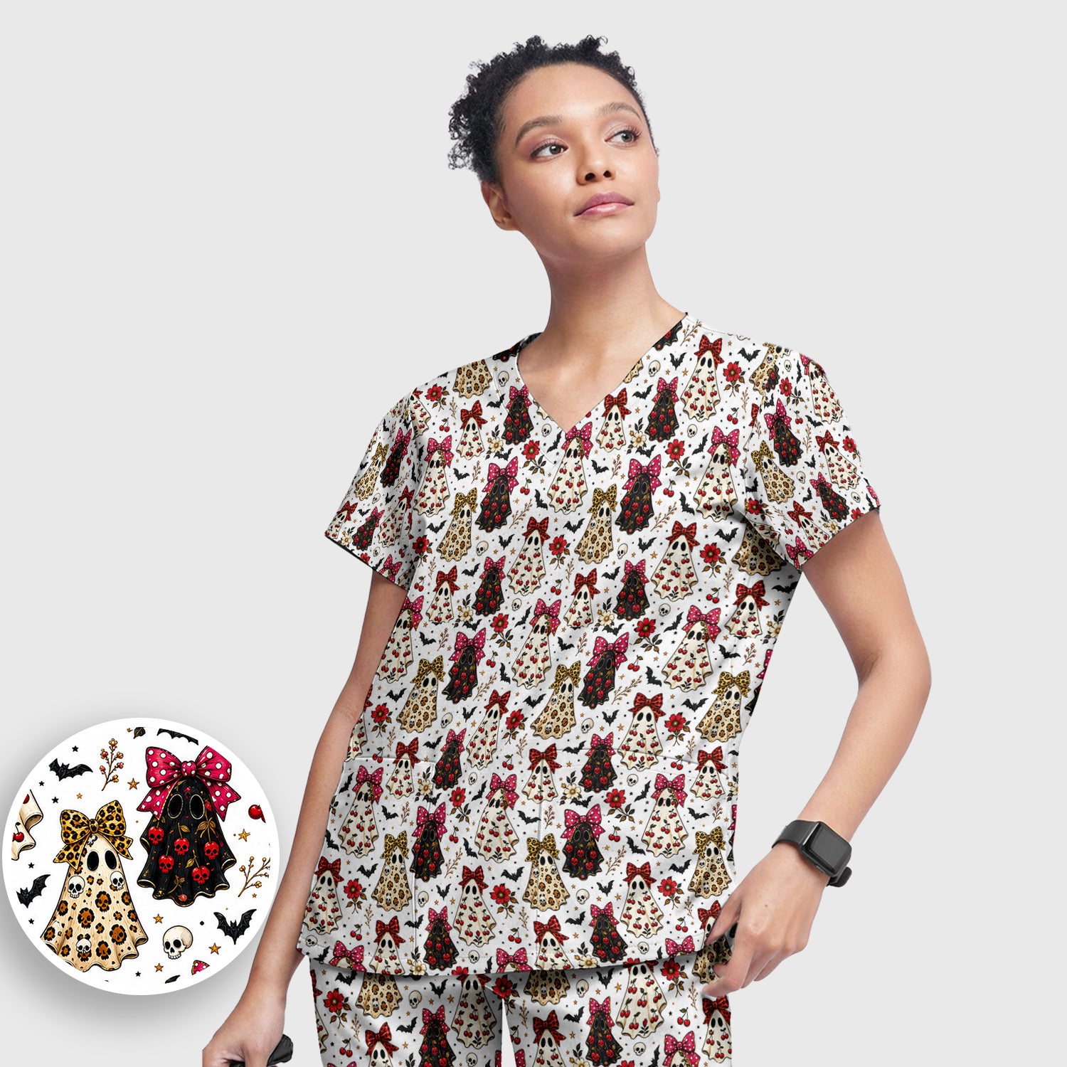 Spooky Halloween Ghost Pattern Scrub Set, Scrub Pants and V Neck Top