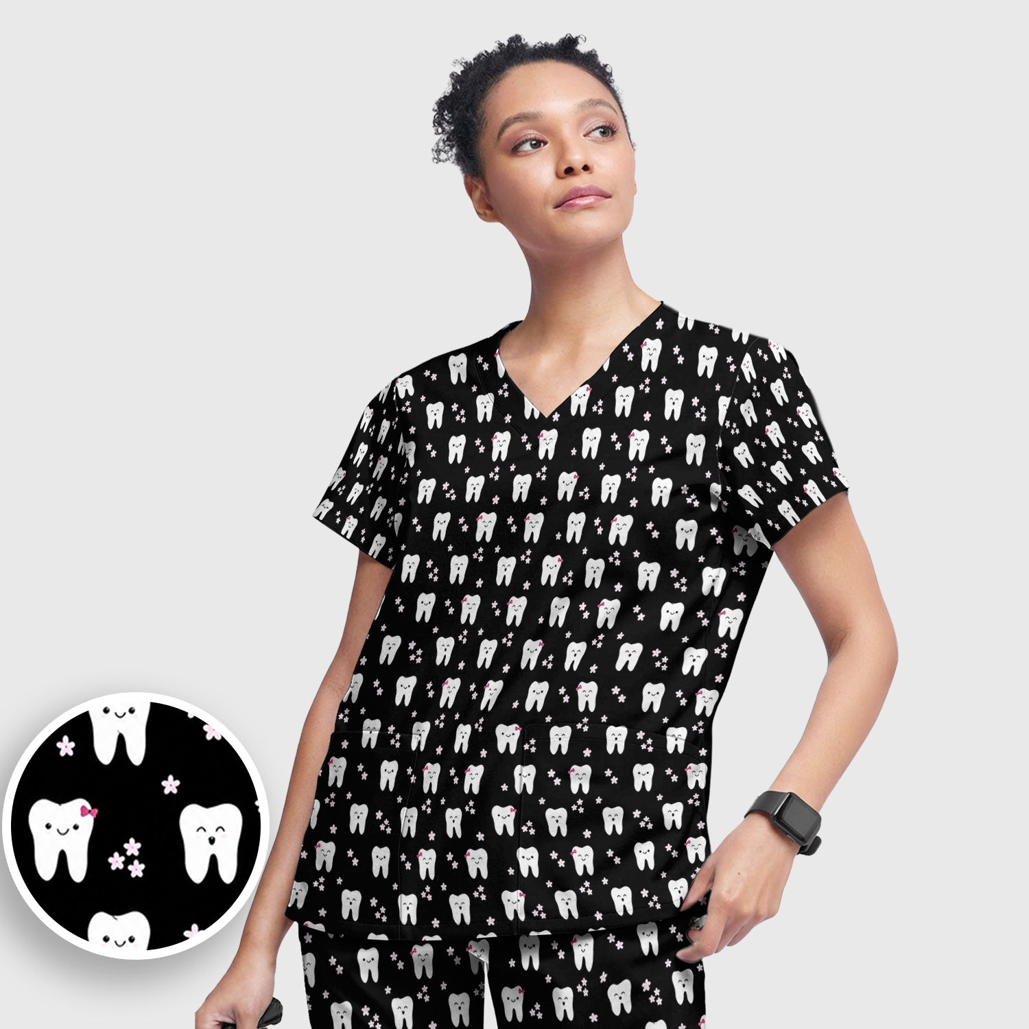 Cute Smiling Tooth And Flowers Scrub Set, Scrub Pants and V Neck Top