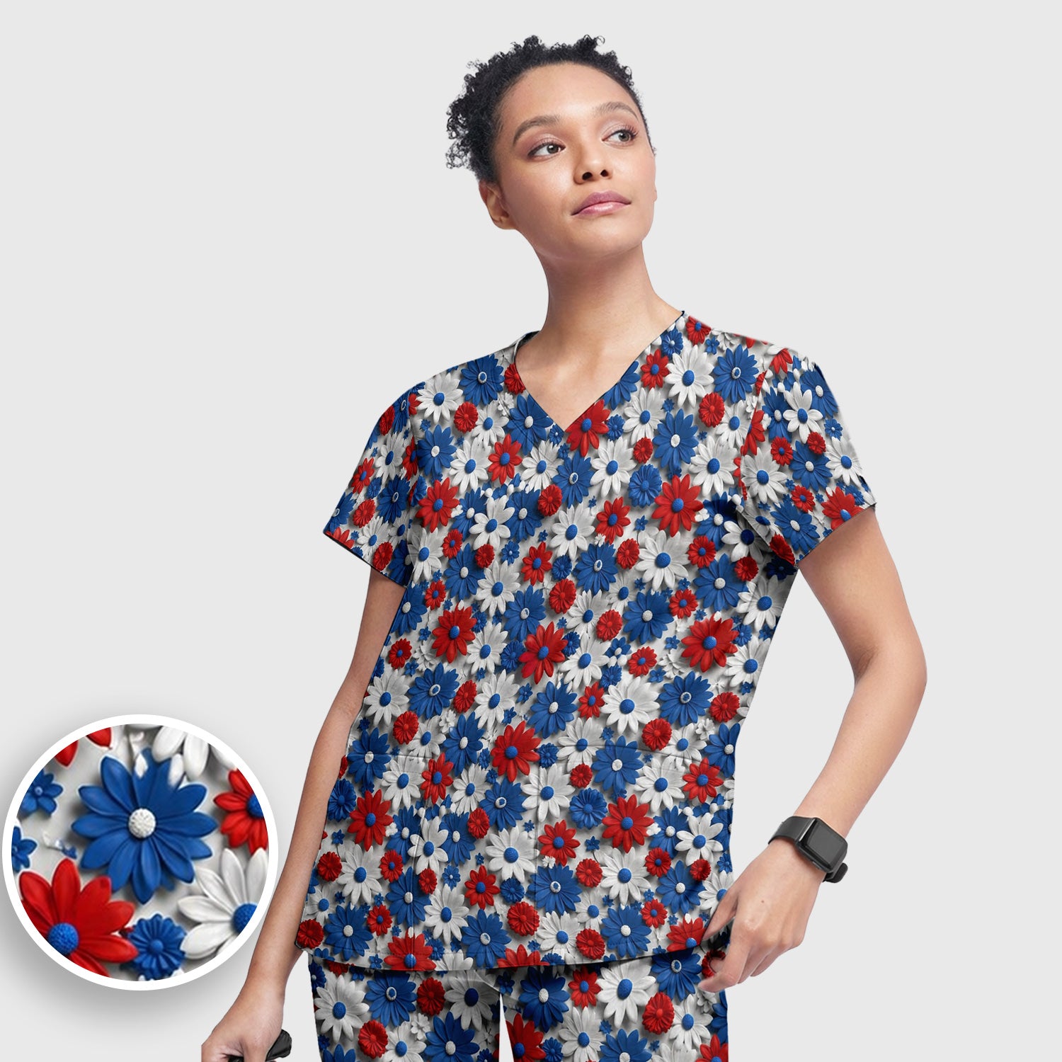 Patriotic Red Blue Daisy Floral Pattern Scrub Set, Scrub Pants and V Neck Top