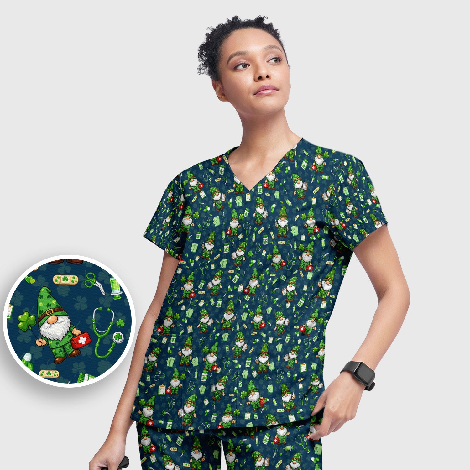 St. Patrick’s Day Nurse Gnome Scrub Set, Green Lucky Medical Pattern Nurse Shirt, Breathable Fabrics Nursing Uniform