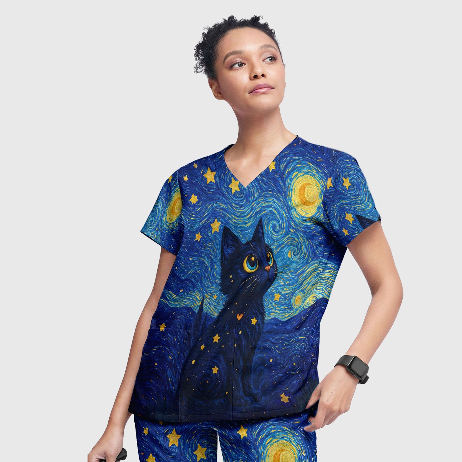 Black Cat Starry Night Pattern Scrub Set, Breathable Med Uniform