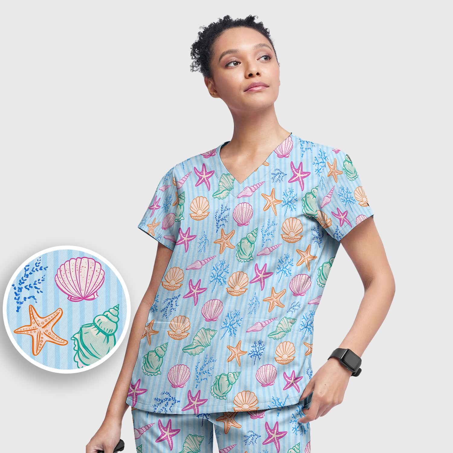 Colorful Seashell Starfish Ocean Stripe Pattern Scrub Set, Women's Scrub Sets