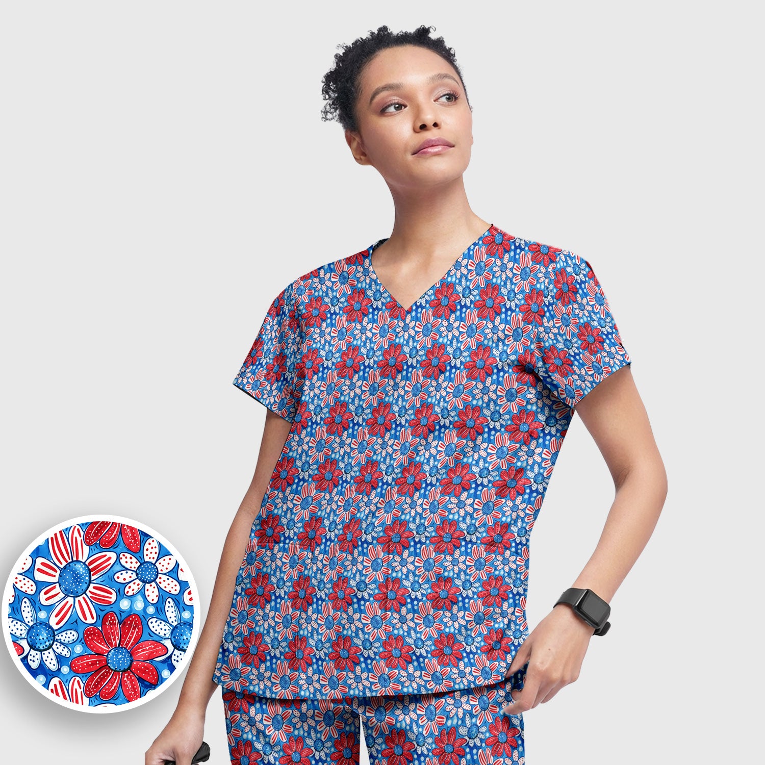 Cute Patriotic Daisy Blossom Repeat Pattern Scrub Set, Scrub Pants and V Neck Top