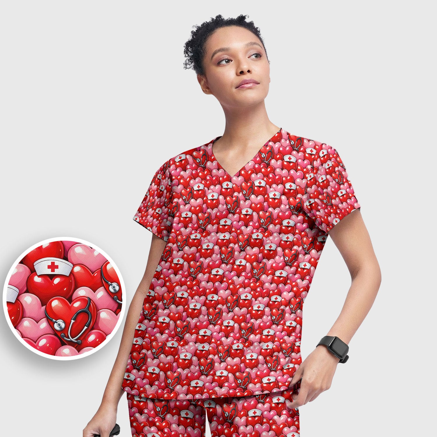 Valentine Pattern Nurse Scrub Set, Heart With Stethoscope Love Medical Shirt For Women, Breathable Fabrics Nursing Uniform