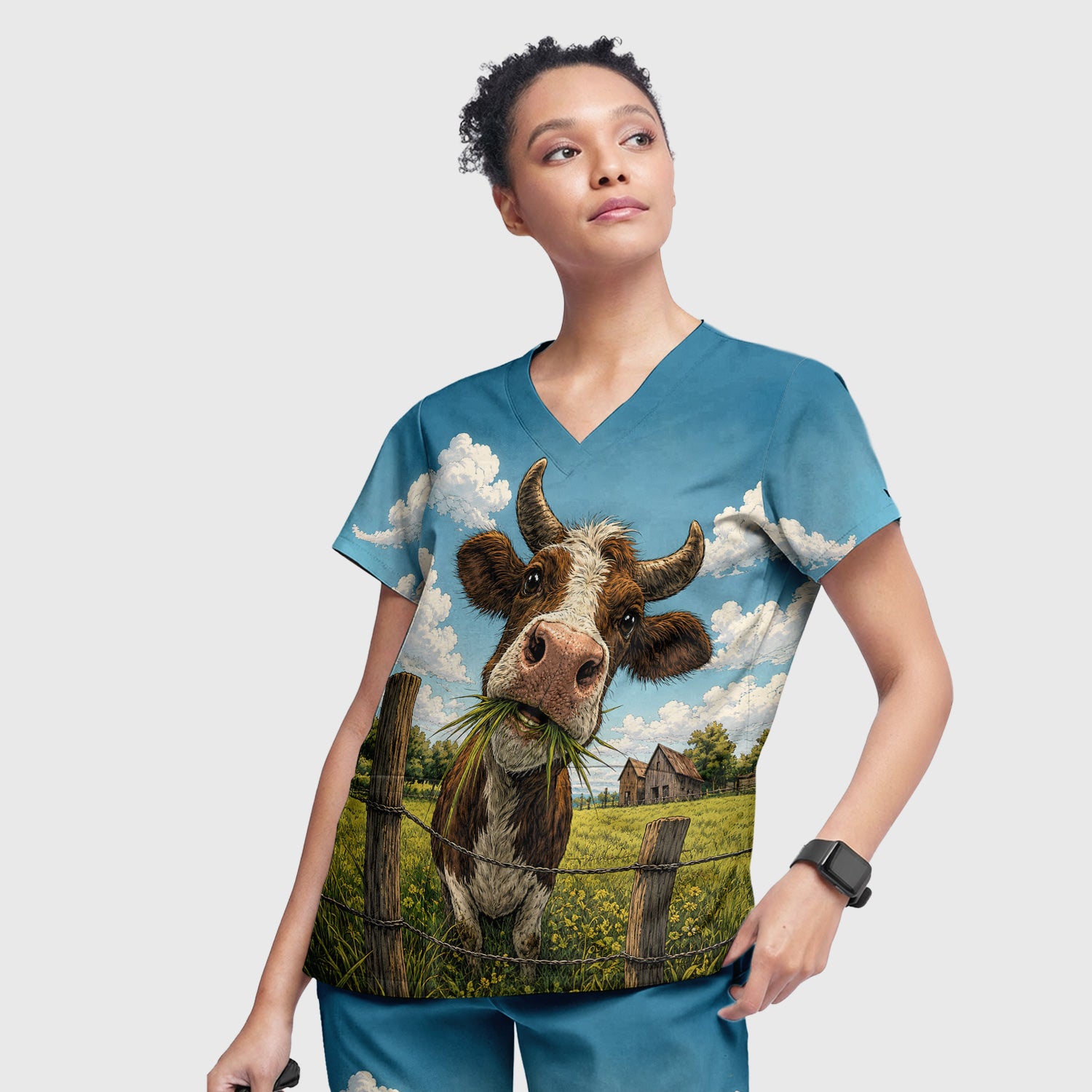 Curious Highland Cow Farm Scene Scrub Set, Scrub Pants and V Neck Top