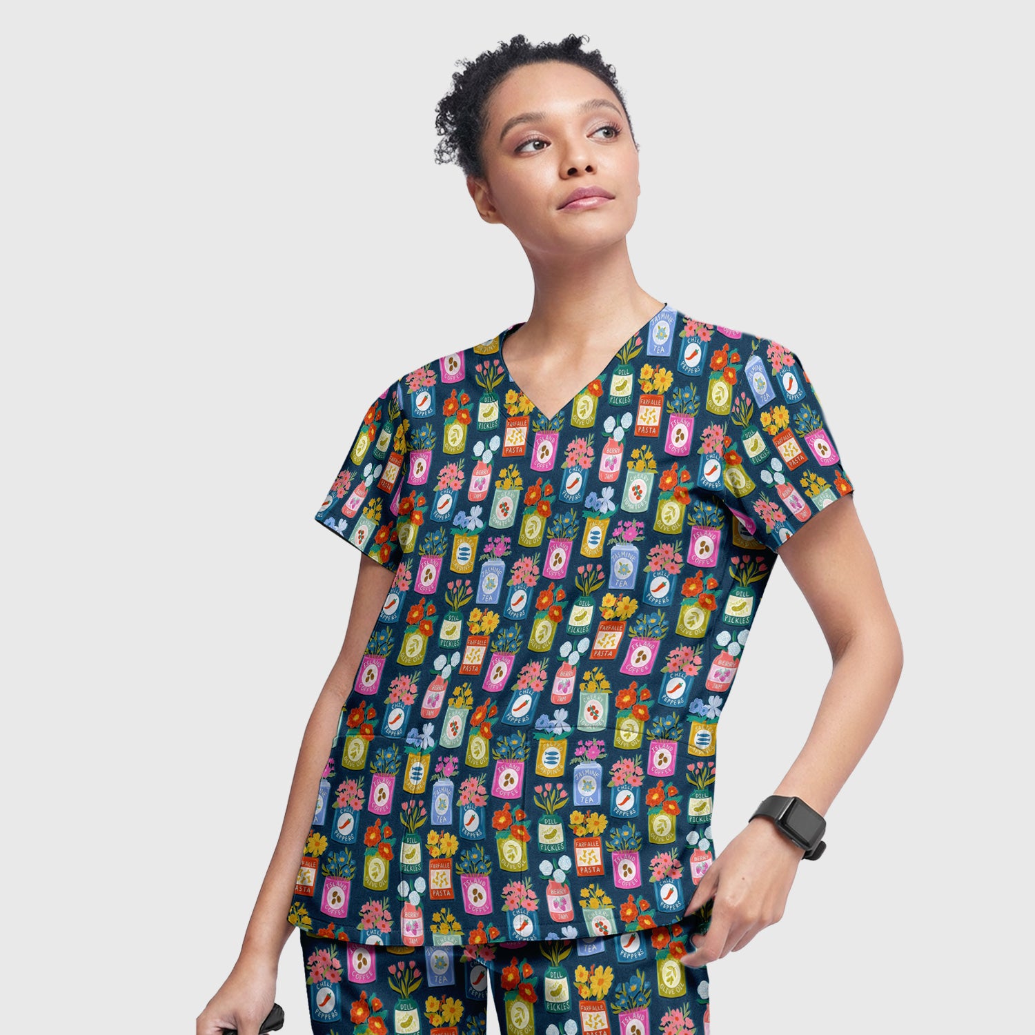 Colorful Pantry Jars Flowers Pattern Scrubs Sets, Scrub Pants and V Neck Top