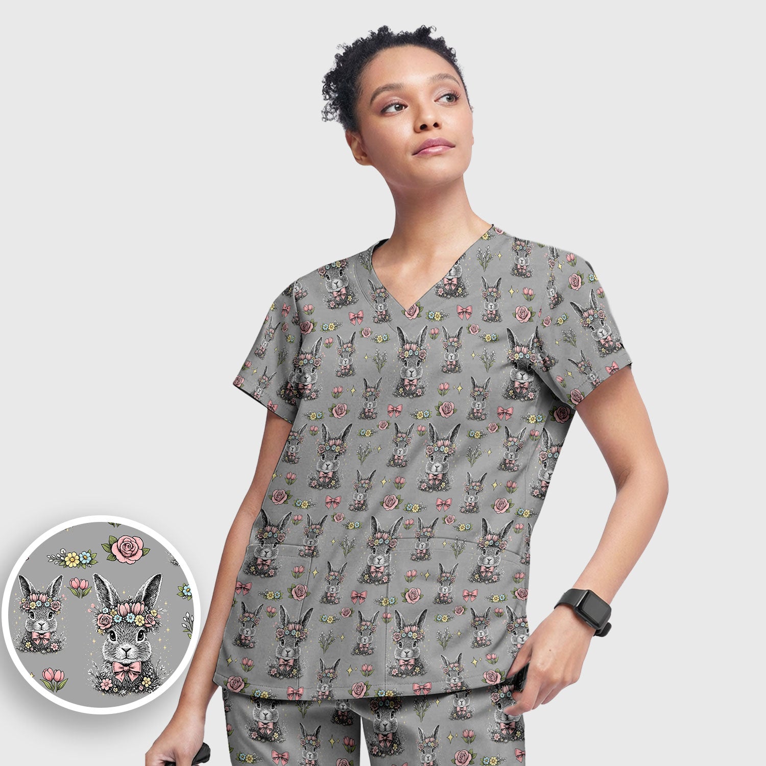 Vintage Floral Bunny Print Scrub Set, Scrub Pants and V Neck Top