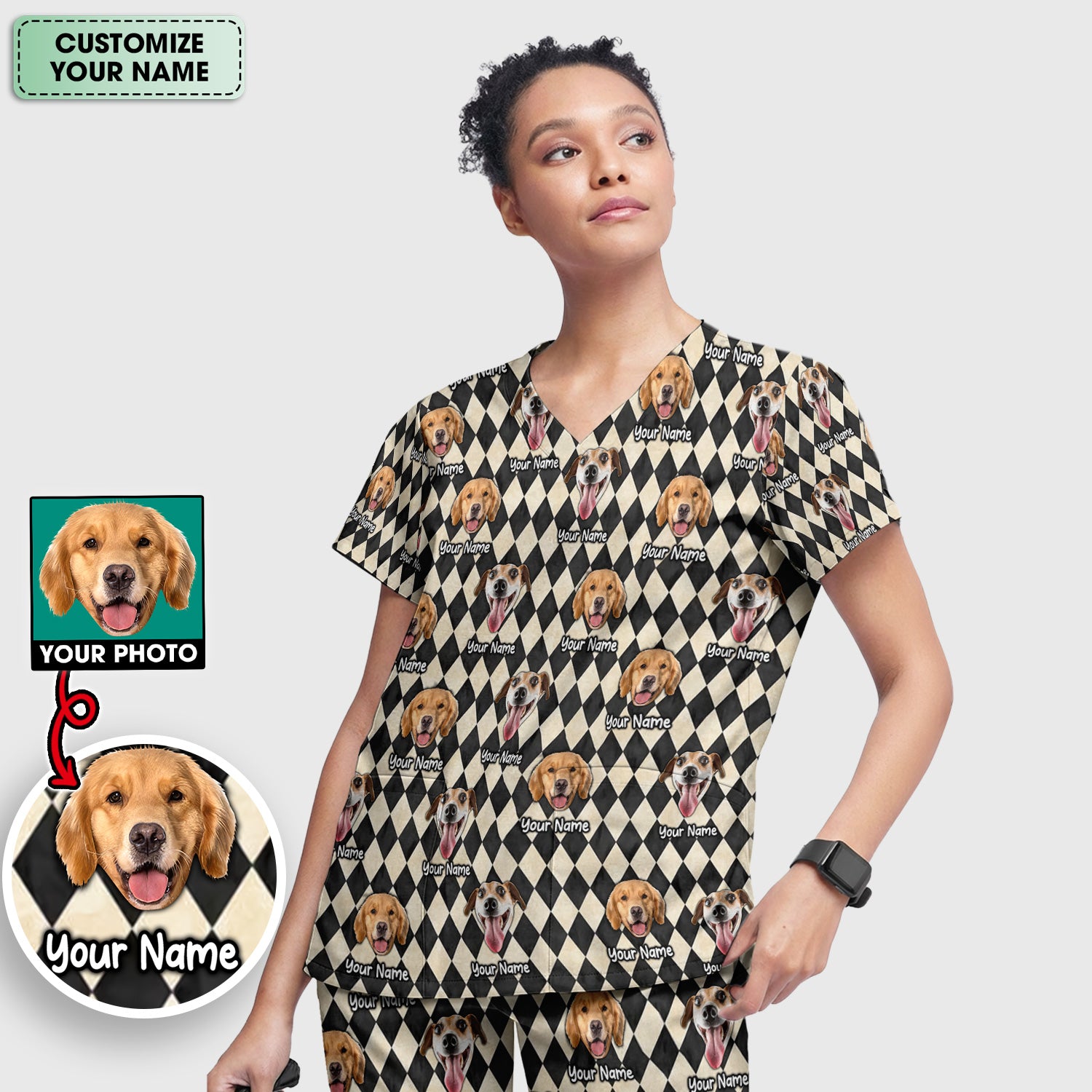 Personalized Pet Portrait Argyle Scrub Set, Scrub Pants and V Neck Top