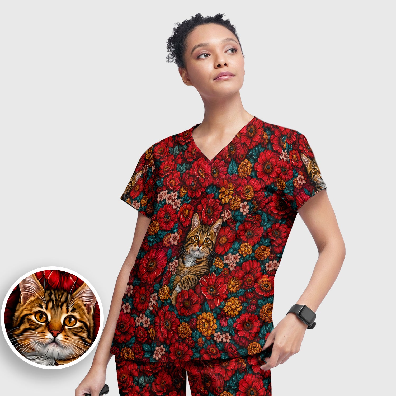 Adorable Tabby Cat Floral Garden Pattern Scrub Set, Scrub Pants and V Neck Top