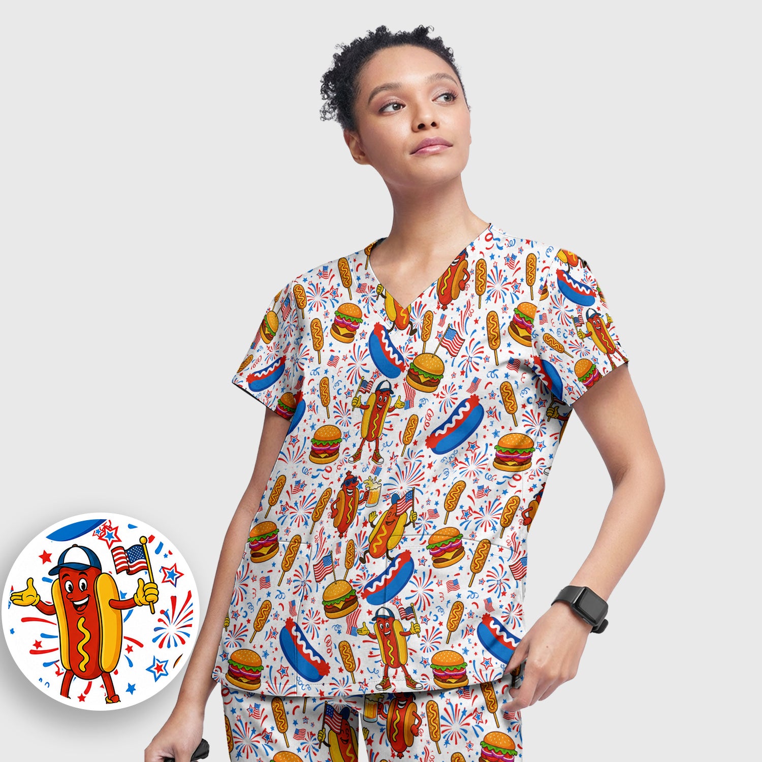 Patriotic Hot Dog Burger Fireworks Scrub Set, Scrub Pants and V Neck Top