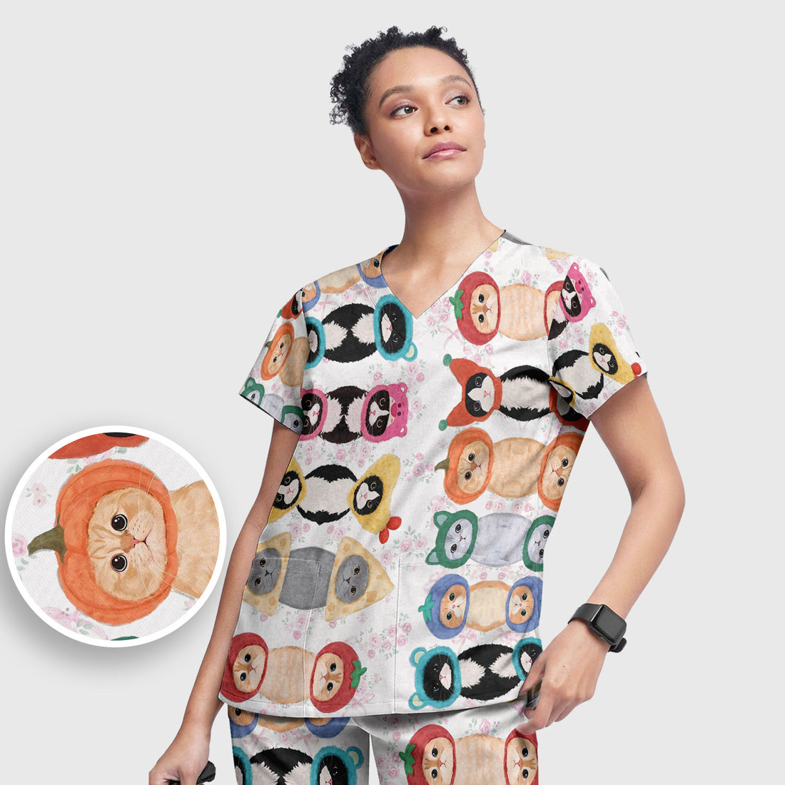 Funny Cartoon Cat Print Scrub Set, Scrub Pants and V Neck Top