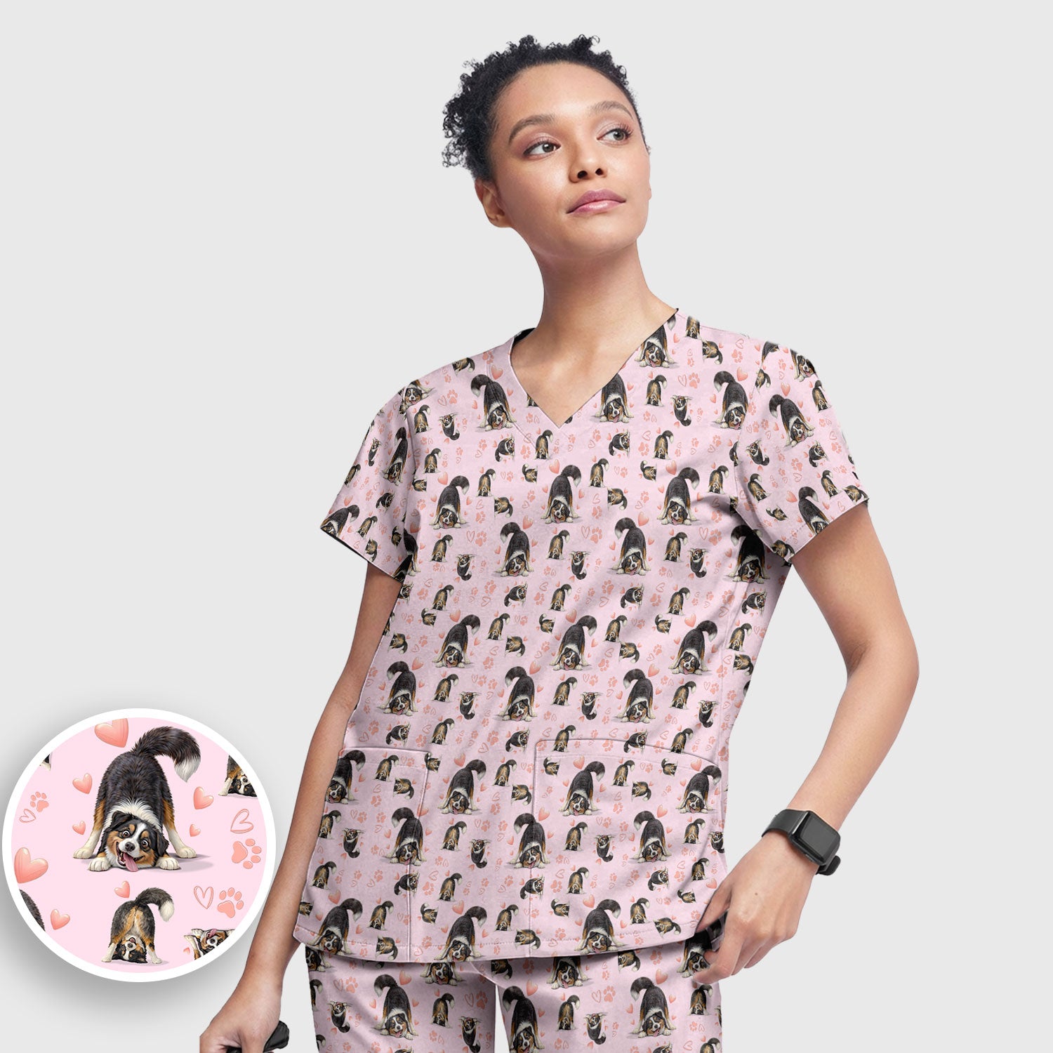 Playful Dog Heart Medical Print Scrub Set, Breathable Med Uniform
