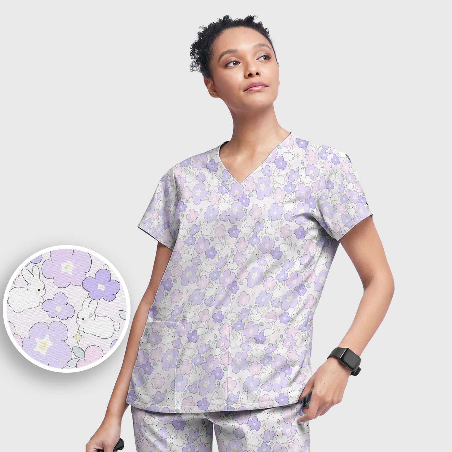 Cute Bunny Floral Pastel Pattern Scrub Set, Women's Scrub Sets