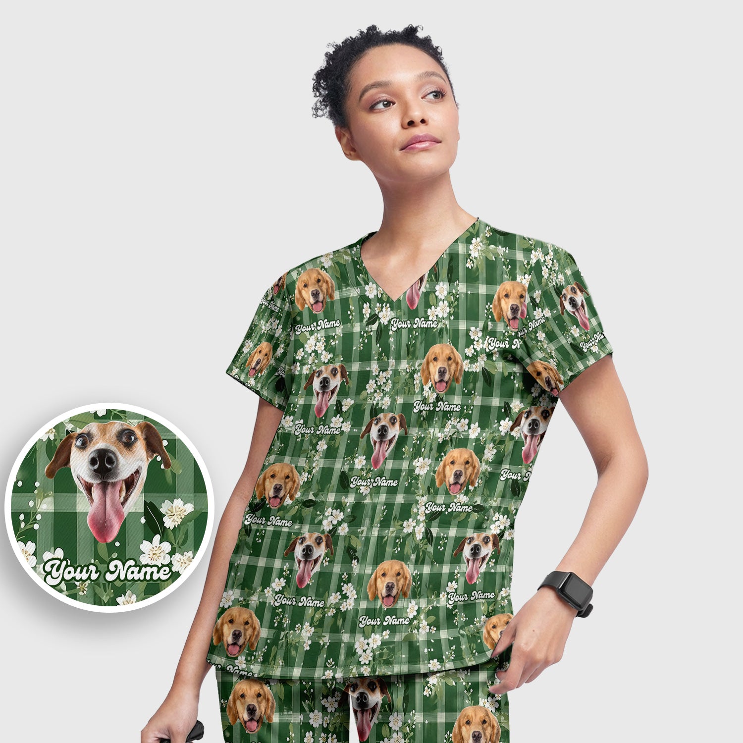 Custom Dog Face Scrub Set, Dog Green Plaid Floral Pattern Shirt, Scrub Pants and V Neck Top