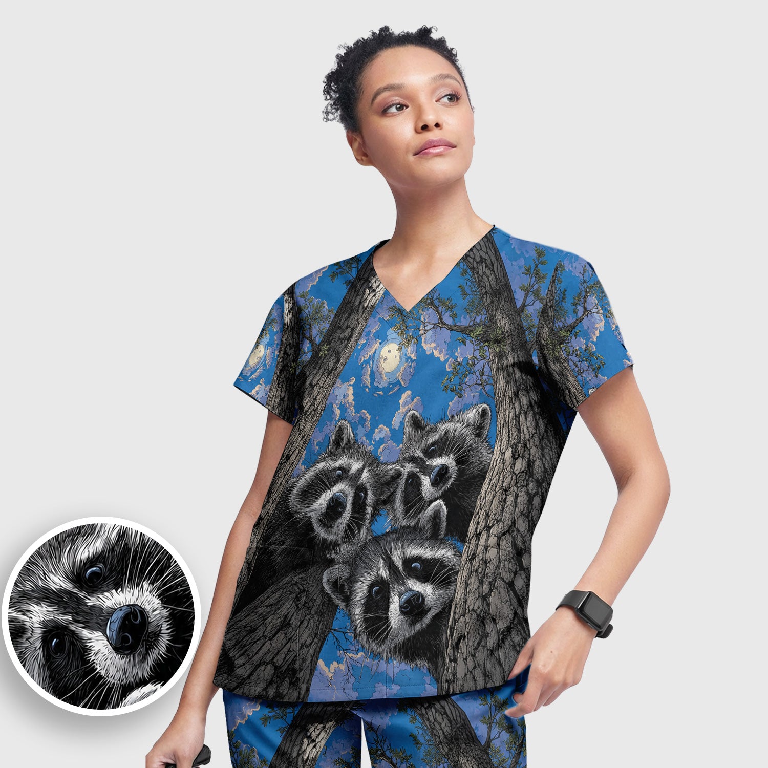 Cute Raccoon Tree Veterinary Pattern Scrub Set, Scrub Pants and V Neck Top