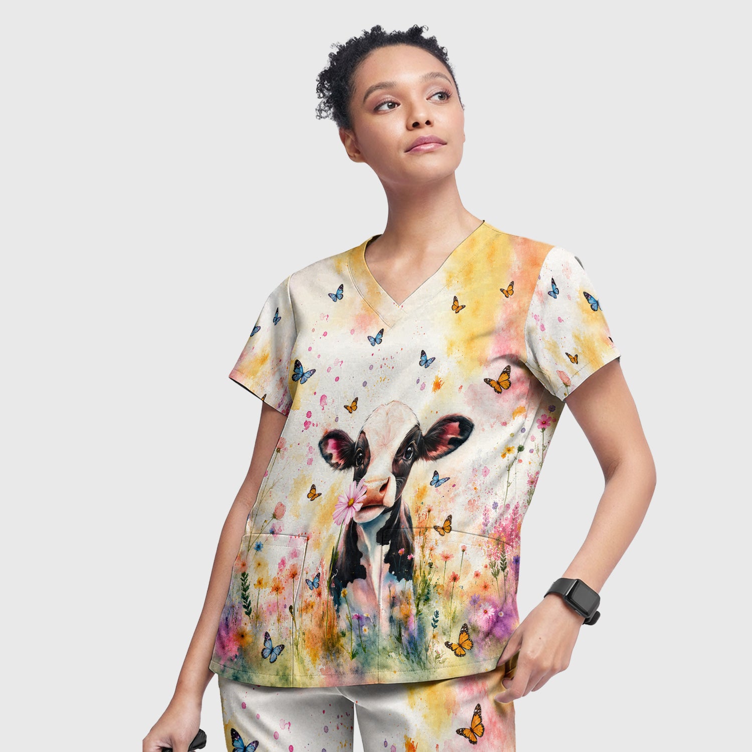 Cute Butterfly Baby Cow Pattern Scrub Set, Scrub Pants and V Neck Top