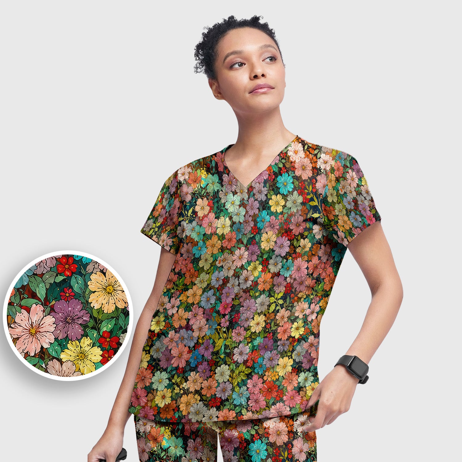 Colorful Wildflower Garden Bloom Pattern Scrub Set, Scrub Pants and V Neck Top