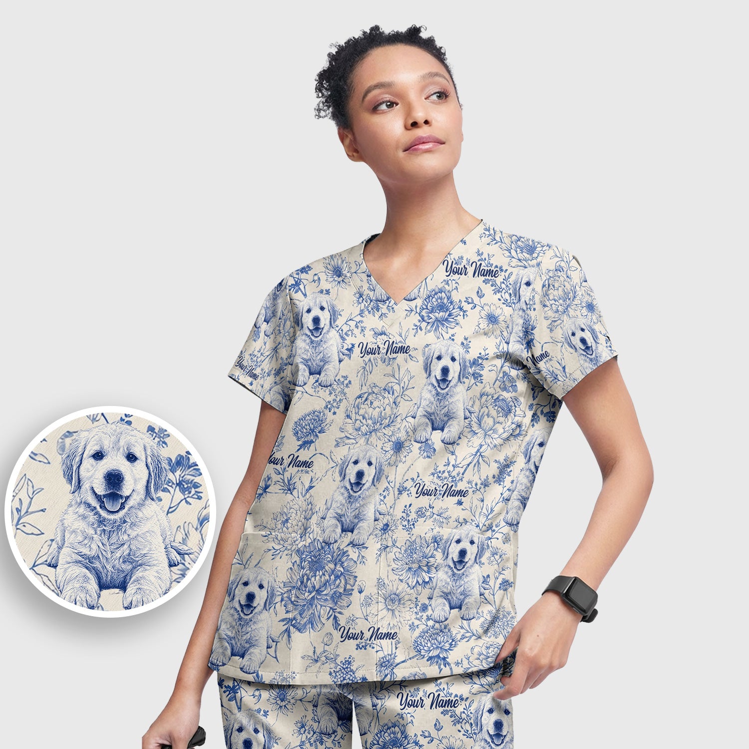 Personalized Custom Pet Photo Name Floral Pattern Scrub Set, Scrub Pants and V Neck Top