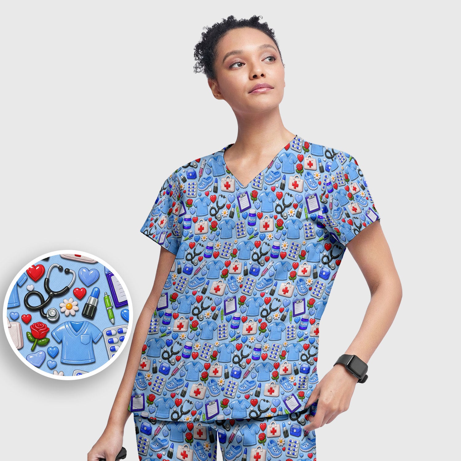Medical Icons Scrub Set, Cute Pattern Nurse Shirt, Breathable Fabrics Nursing Uniform