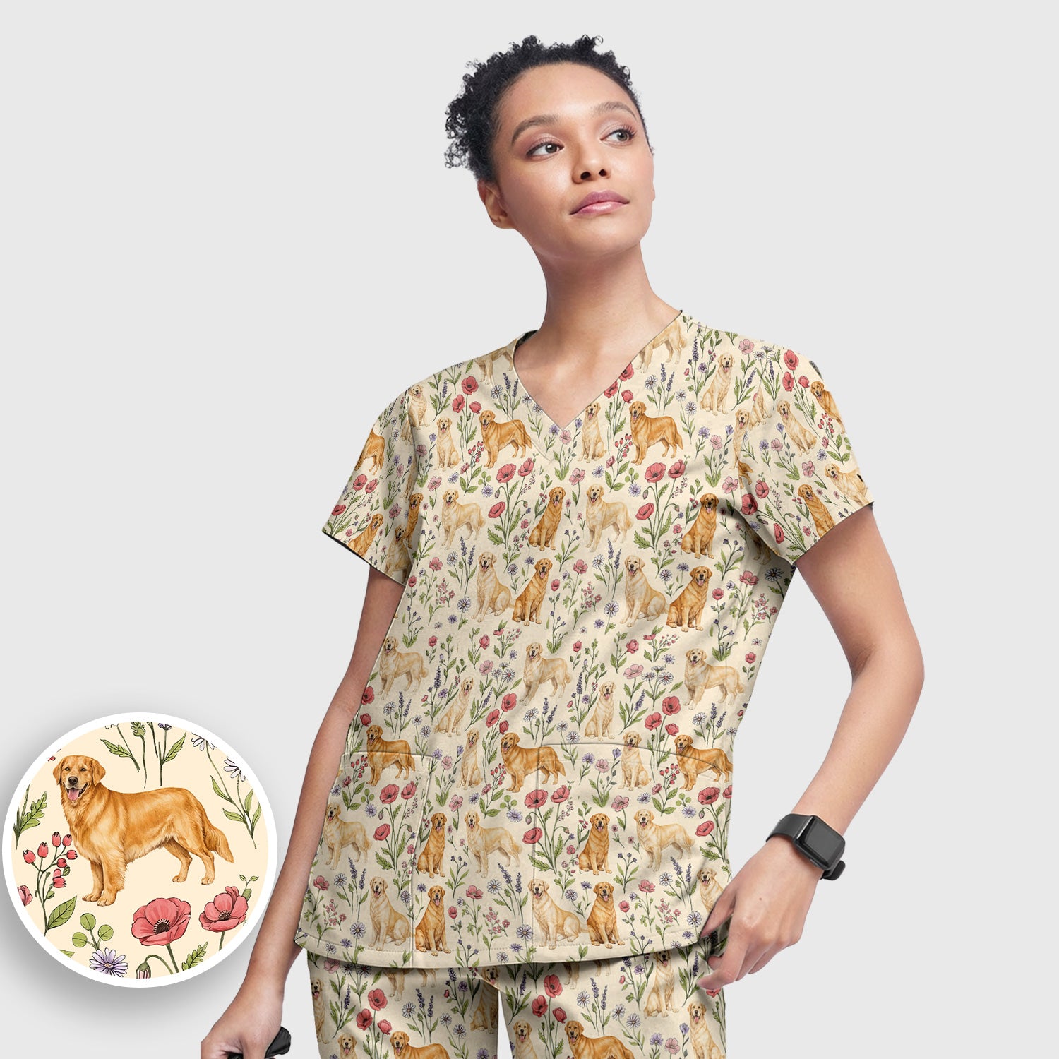Cute Golden Retriever Floral Pattern Scrub Set, Women's Scrub Sets