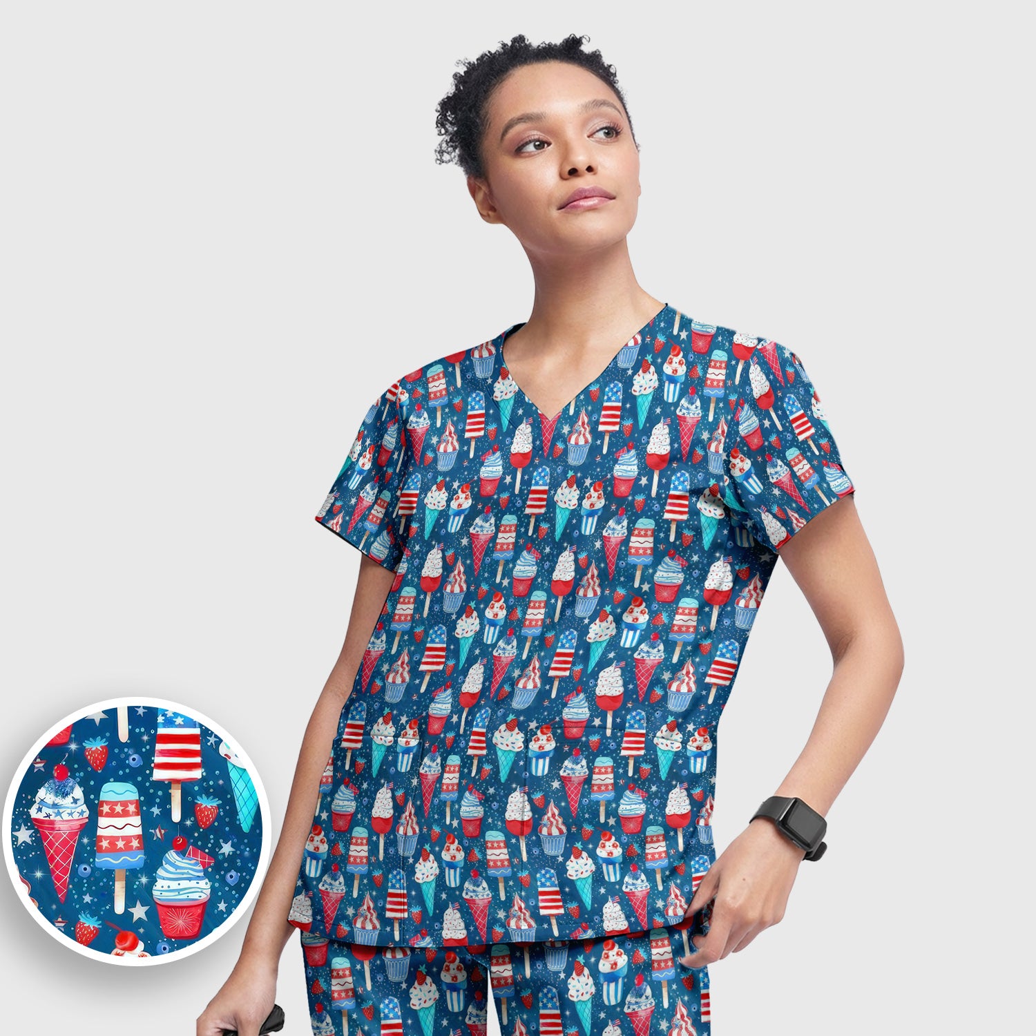 Cute Patriotic Ice Cream Popsicles With USA Flag Dessert Scrub Set, Scrub Pants and V Neck Top