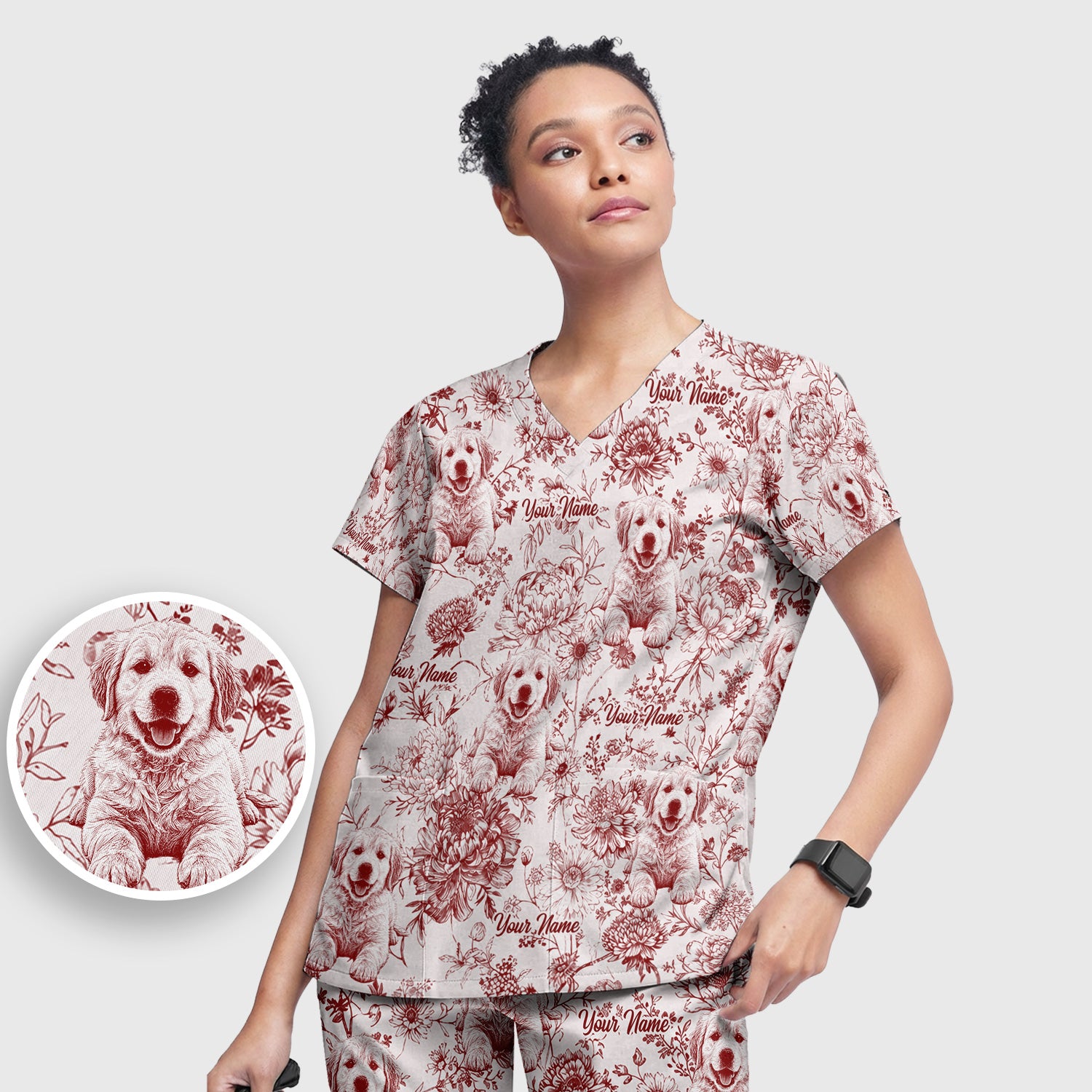Personalized Custom Pet Photo Name Floral Pattern Scrub Set, Scrub Pants and V Neck Top
